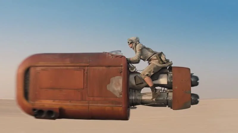 Rey’s custom speeder bike being used on the surface of Jakku  Image Source: StarWars.com