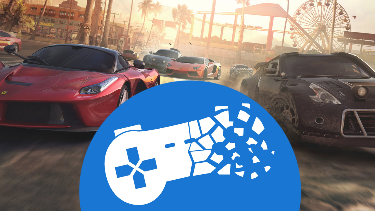 The logo of Stop Killing Games over key art of The Crew showing cars racing down a California street.