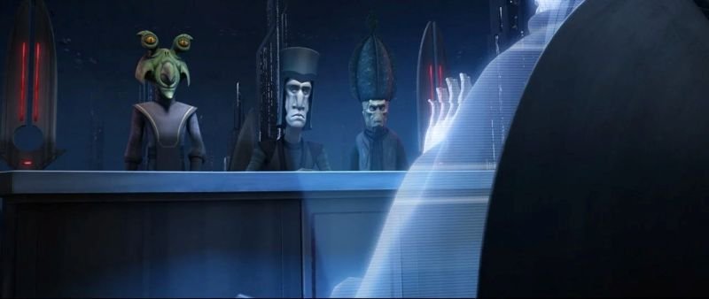 The senators for three corporations contacting Count Dooku to ensure the war will continue