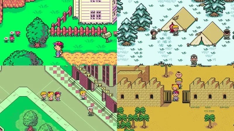 Ness and friends exploring towns, cities, a snowy campsite, and a desert village 