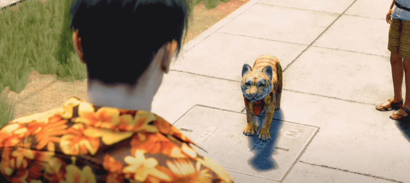 Image Description: Majima looking at Goro the tiger