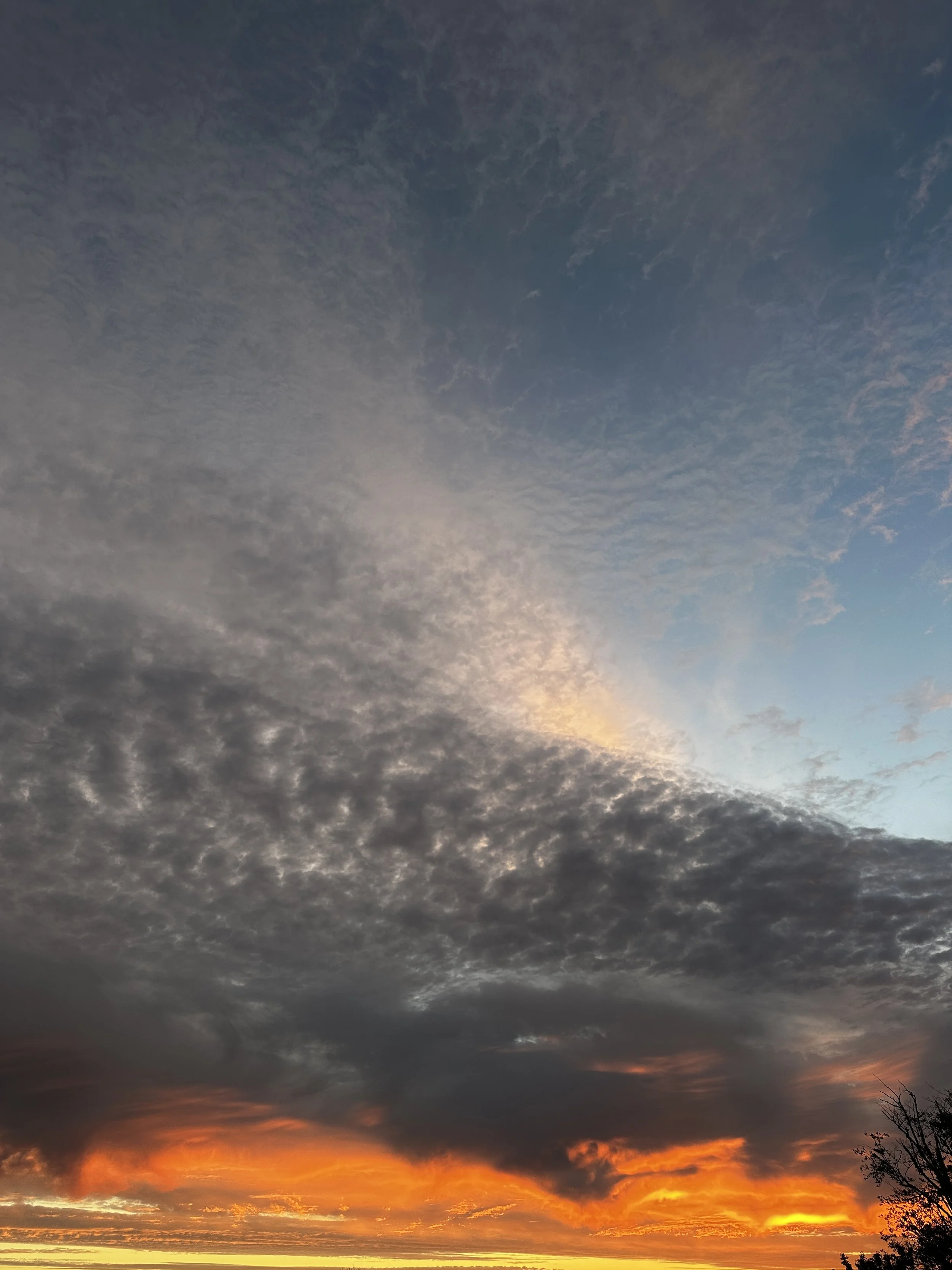 A sunset sky with dappled gray clouds above and a band of vivid orange and gold glowing along the horizon.