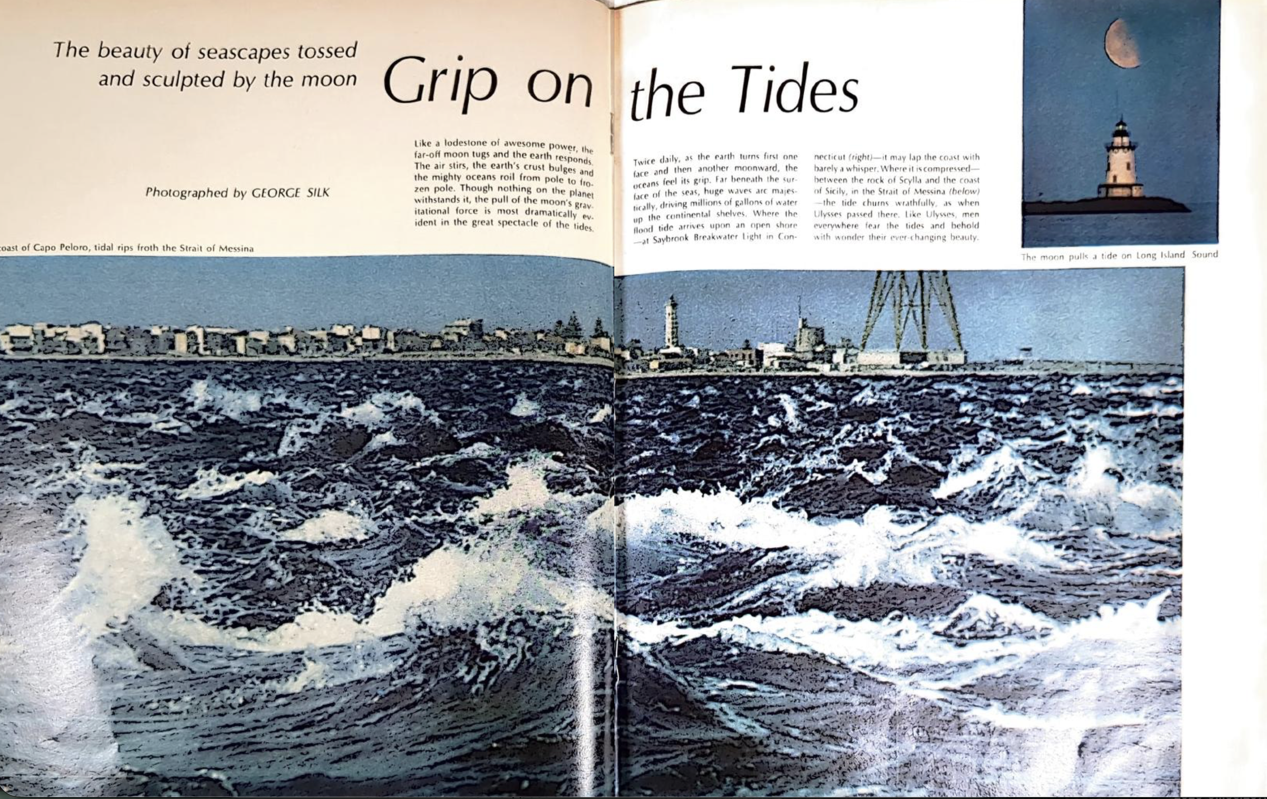 Open vintage magazine spread titled “Grip on the Tides,” featuring photographs of rough ocean waves, a distant shoreline, and a small lighthouse beneath a crescent moon.