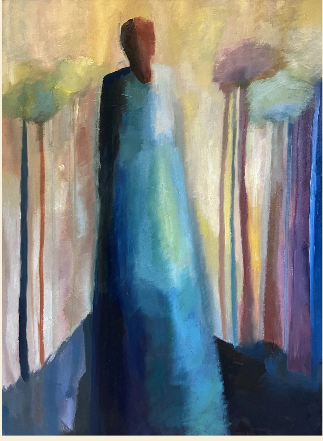 Abstract painting of a tall blue figure standing among soft vertical forms and tree-like shapes in muted yellow, teal, lavender, and rose tones.