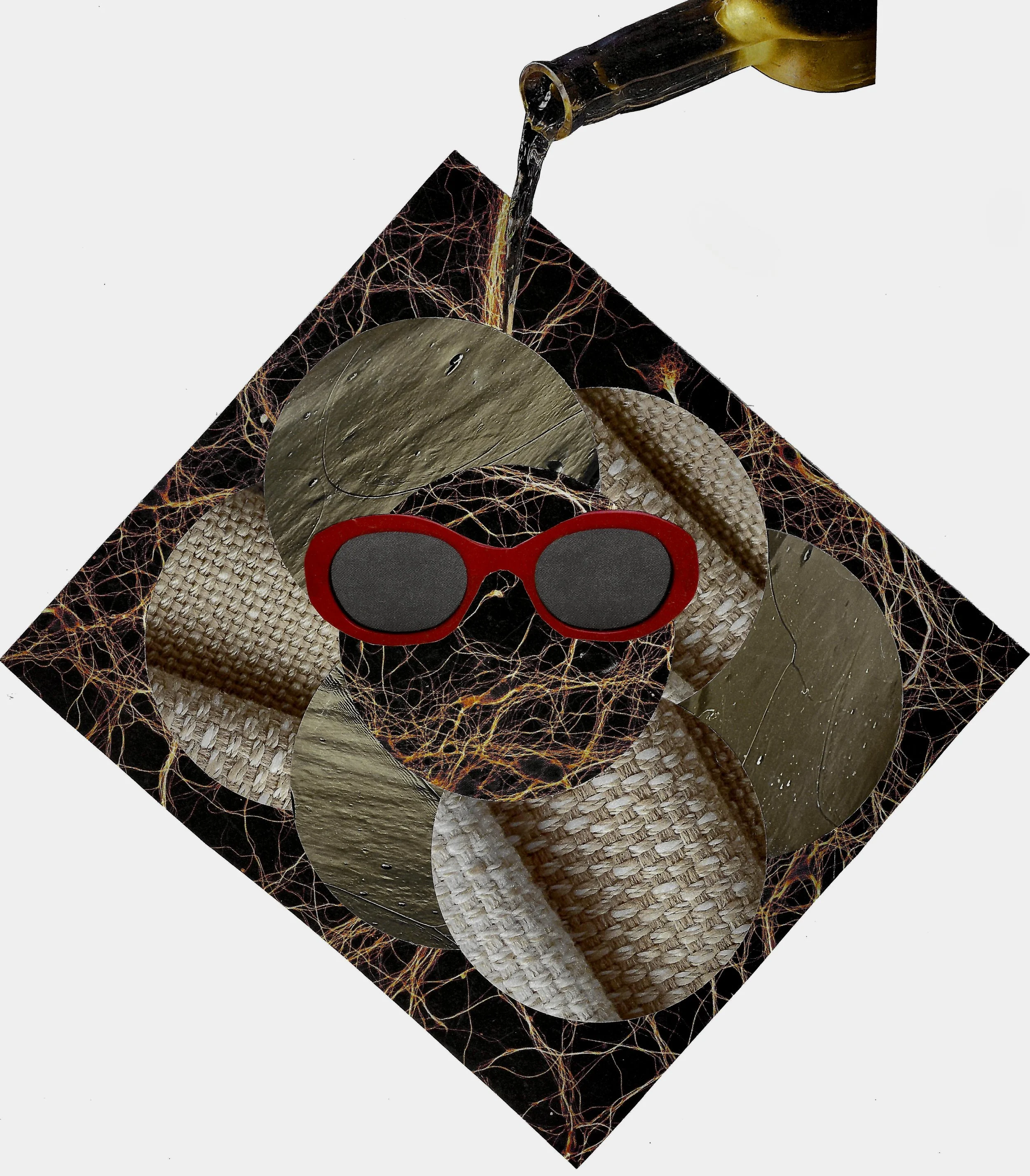collage of a brown glass bottle pouring liquid onto an abstract figure composed of overlapping tan, metallic, and woven circles. Red sunglasses sit at the center against a black, diamond-shaped background threaded with orange and red lines.