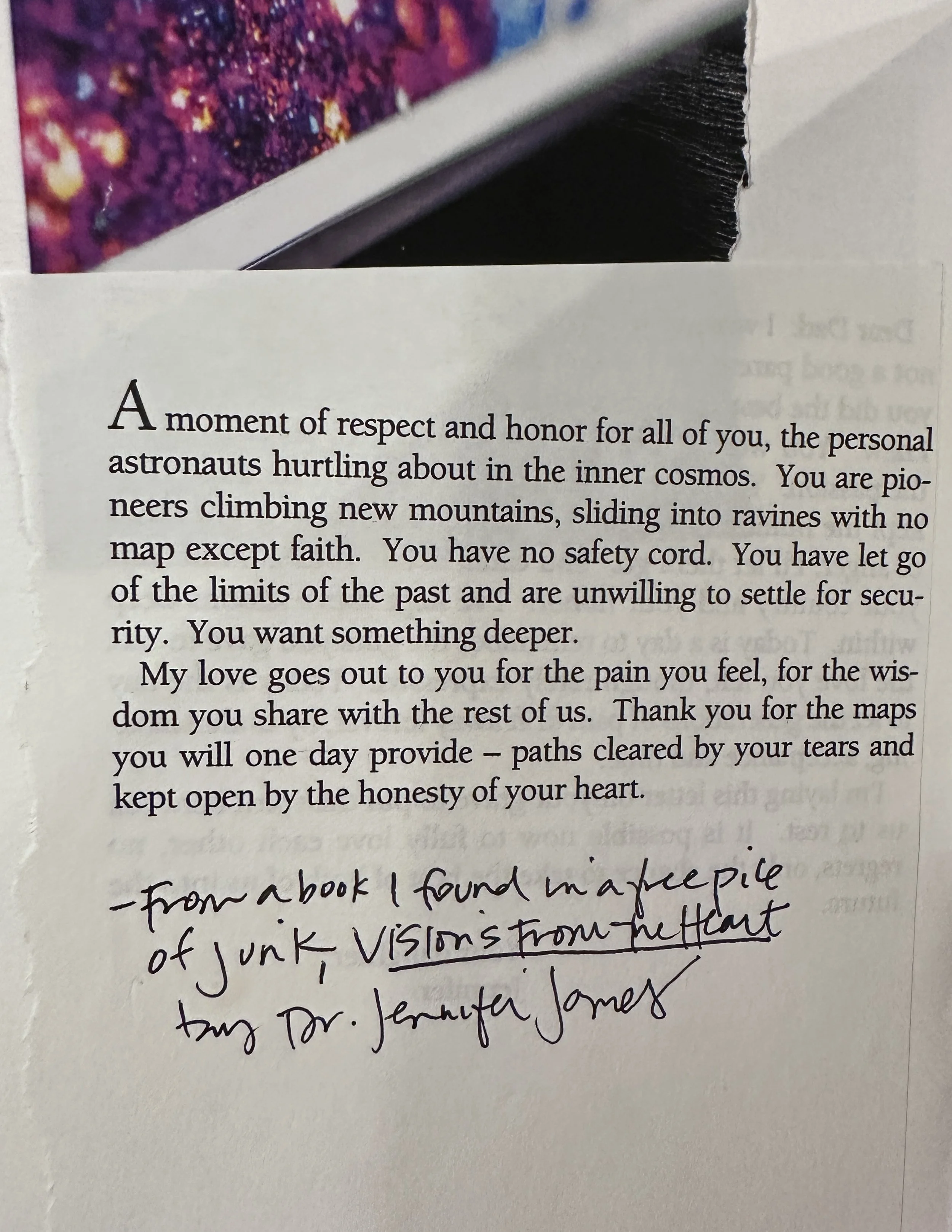 A cropped purple and pink shimmery image appears above printed text . A handwritten note identifies the source as Visions from the Heart by Dr. Jennifer James, found in a free pile.