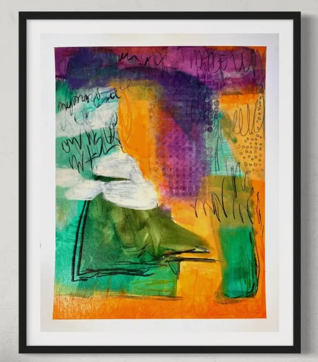 An abstract mixed-media painting in orange, magenta, teal, and green, overlaid with spontaneous black scribbles, dotted textures, and soft white cloud-like strokes.