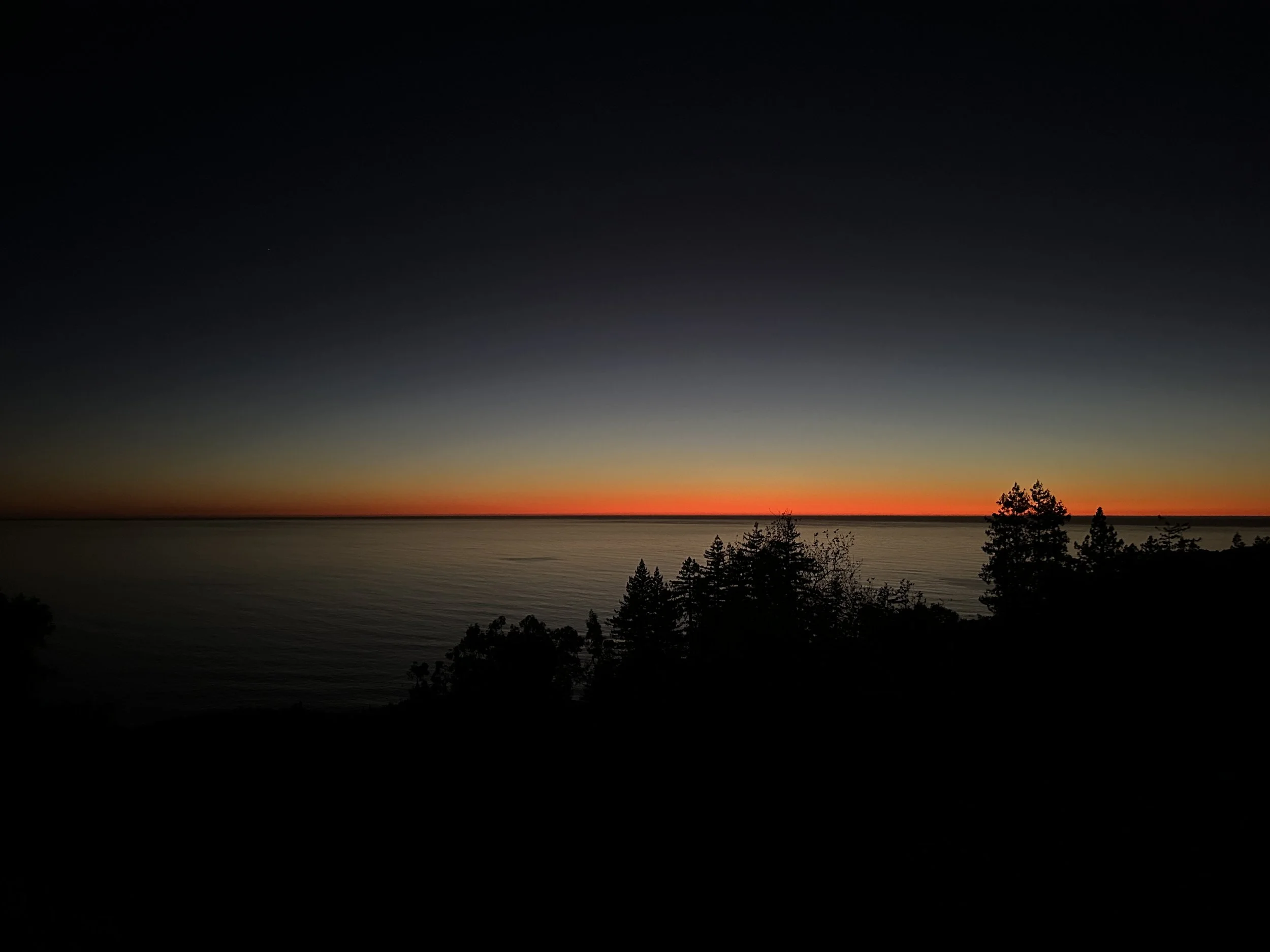 Darkness envelops the sky and trees. The horizon line over the dark ocean is crisp black. Above it is a crisp orange layer of radiance.