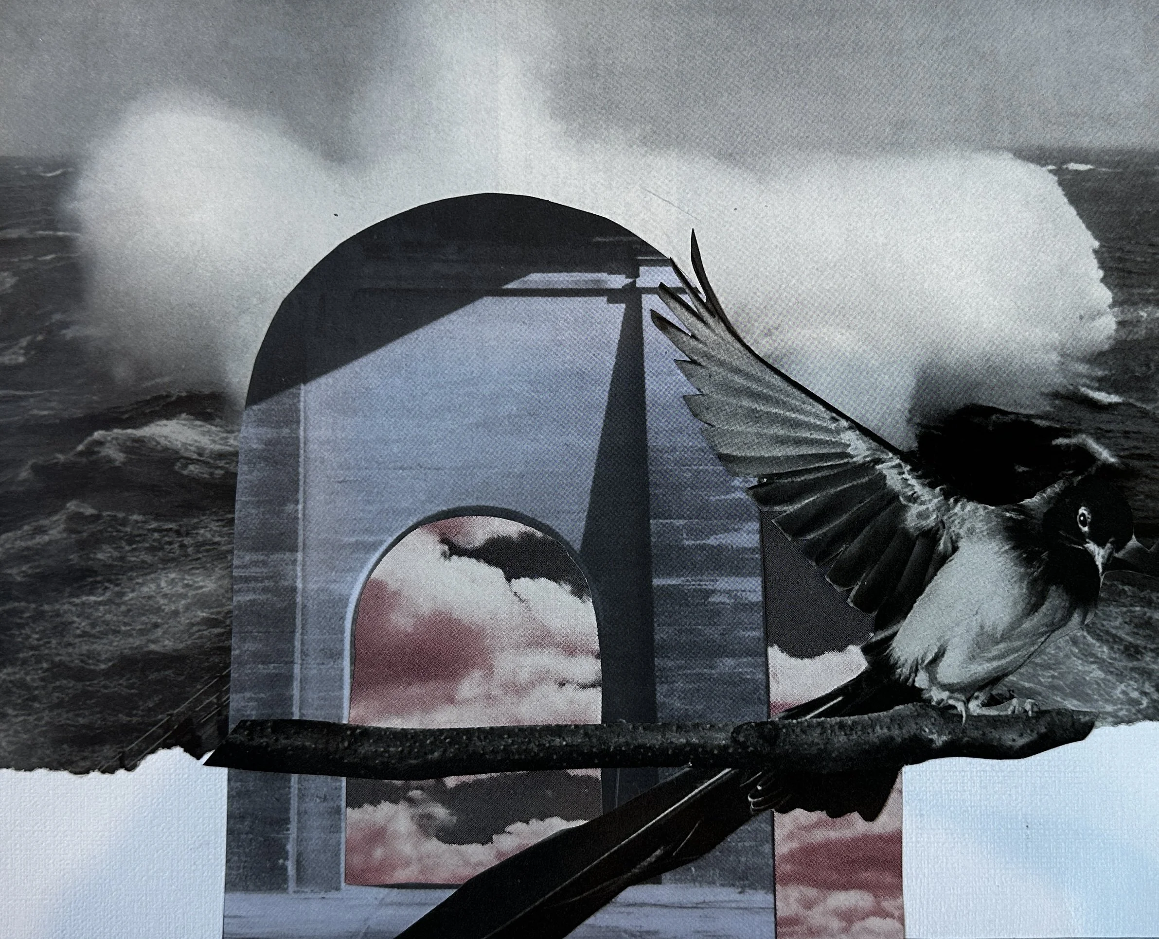 A collage: A black and white photo of a stormy ocean as a backdrop a marble arch through which pink clouds are visible. A black and white bird sits on a branch with wings extended.