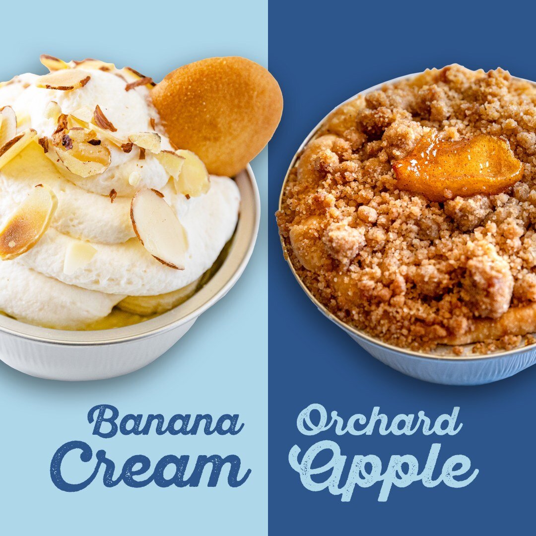 Which classic pie flavor is your favorite?
🍌Banana Cream filled with vanilla bean custard and ripe bananas topped with fresh whipped cream and sliced almonds
🍏Orchard Apple with Washington apples baked in our all-butter crust topped with brown suga