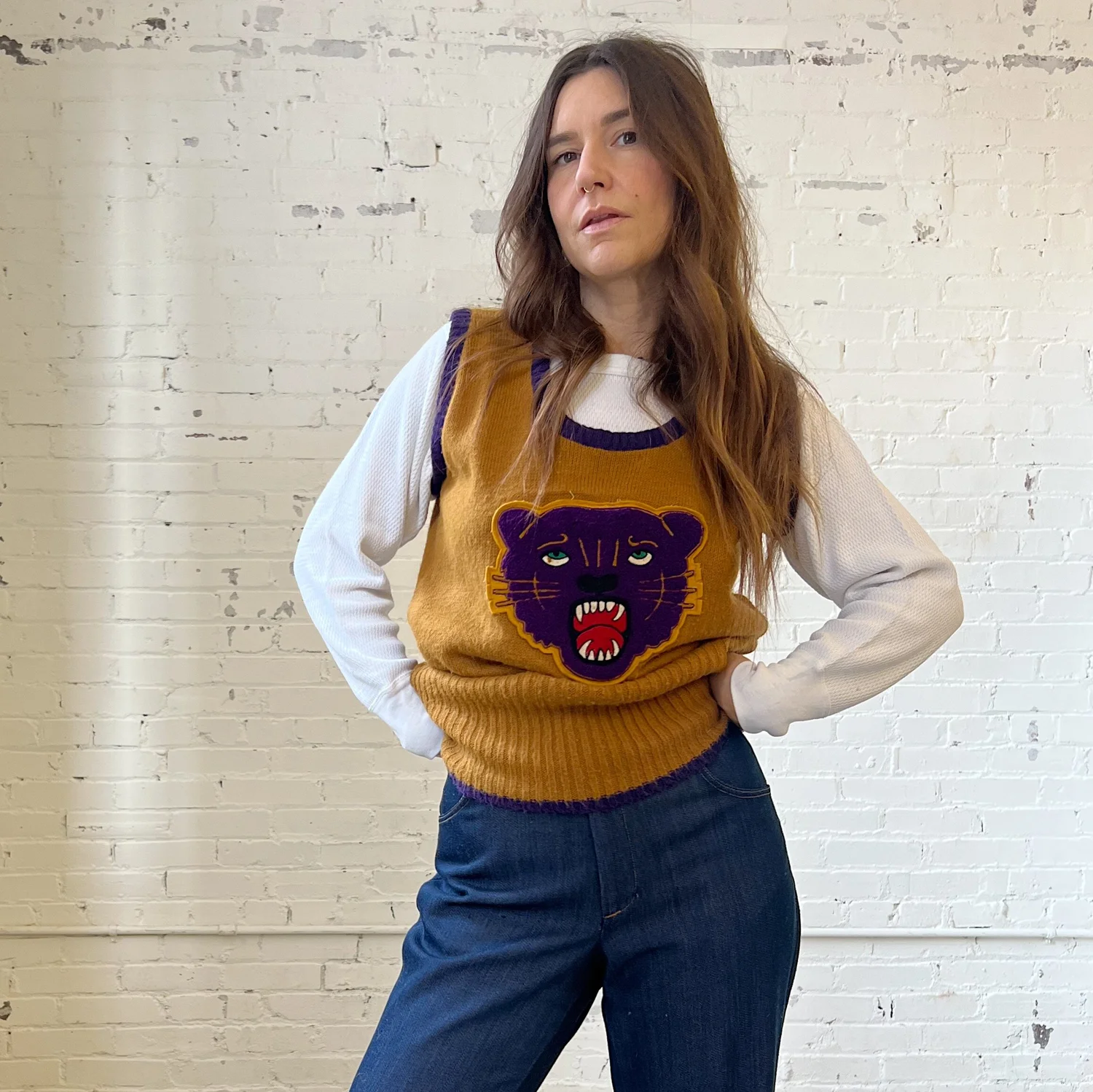 Vintage Sweater Vest w/Panther Patch, S/M — May