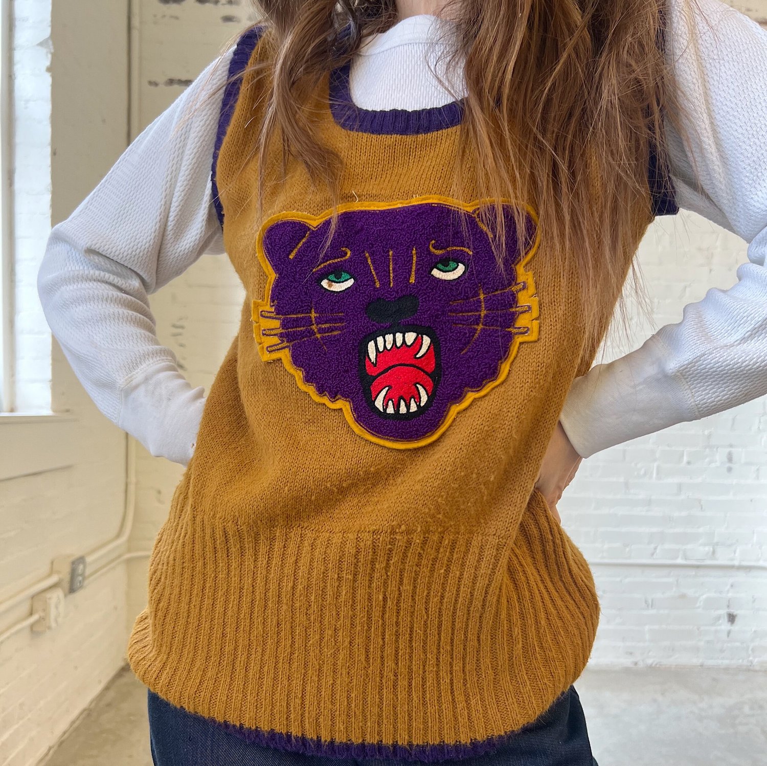 Vintage Sweater Vest w/Panther Patch, S/M — May