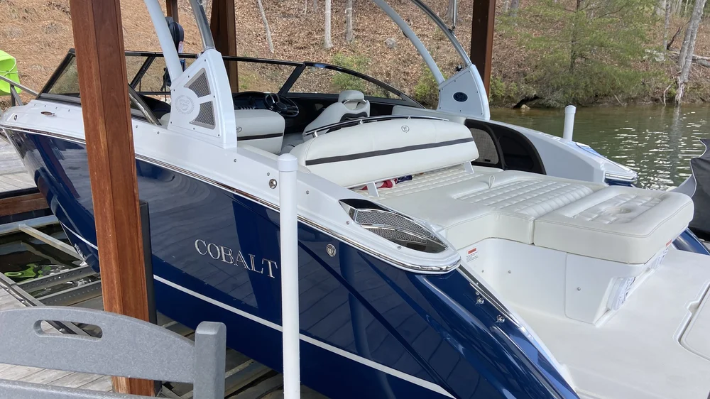 Cobalt boat cockpit and upholstery detailed at a Lake Keowee dock in Sunset SC