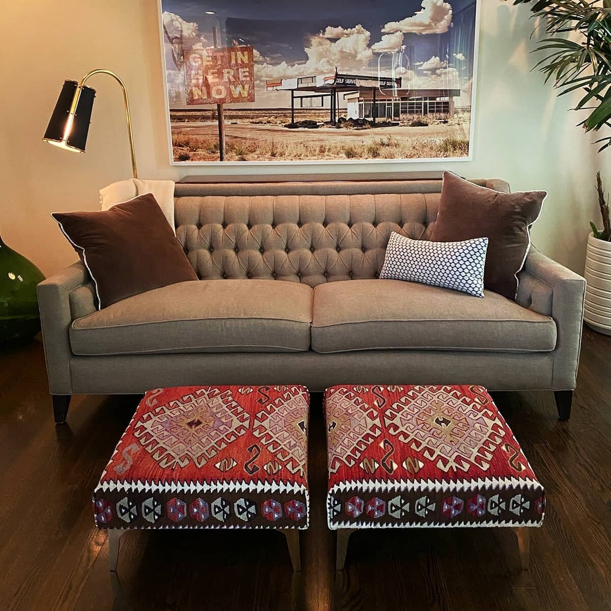 Just a couple of beautiful one-of-a-kind handmade luxury Kilim footstools hanging out waiting to get discovered!!! &quot;Pick me pick me!&quot; (That was the one on the left!  Righty is playing it cool). What a great and versatile pair.  The colors a