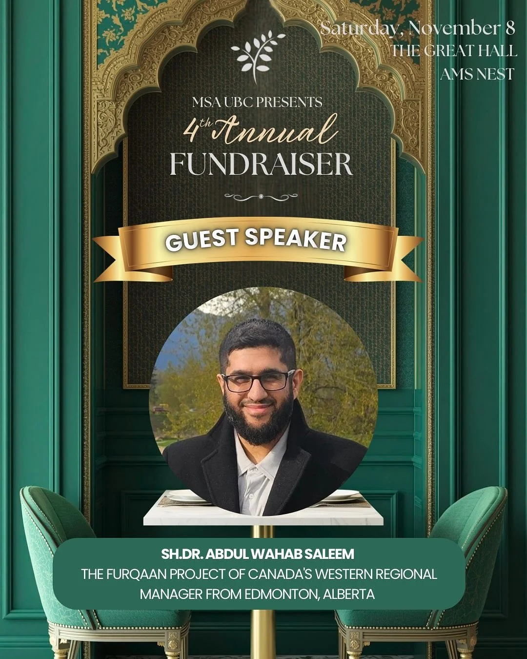 It&rsquo;s finally here🤩MSA UBC&rsquo;s Fundraising Dinner is happening today!

✨Guest Speaker Reveal✨

Join us and Dr Abdul Wahab at the Annual MSA UBC Fundraiser  TONIGHT at 4PM, at the Great Hall, UBC AMS NEST!🙌

🎟️ Secure your spot now and reg