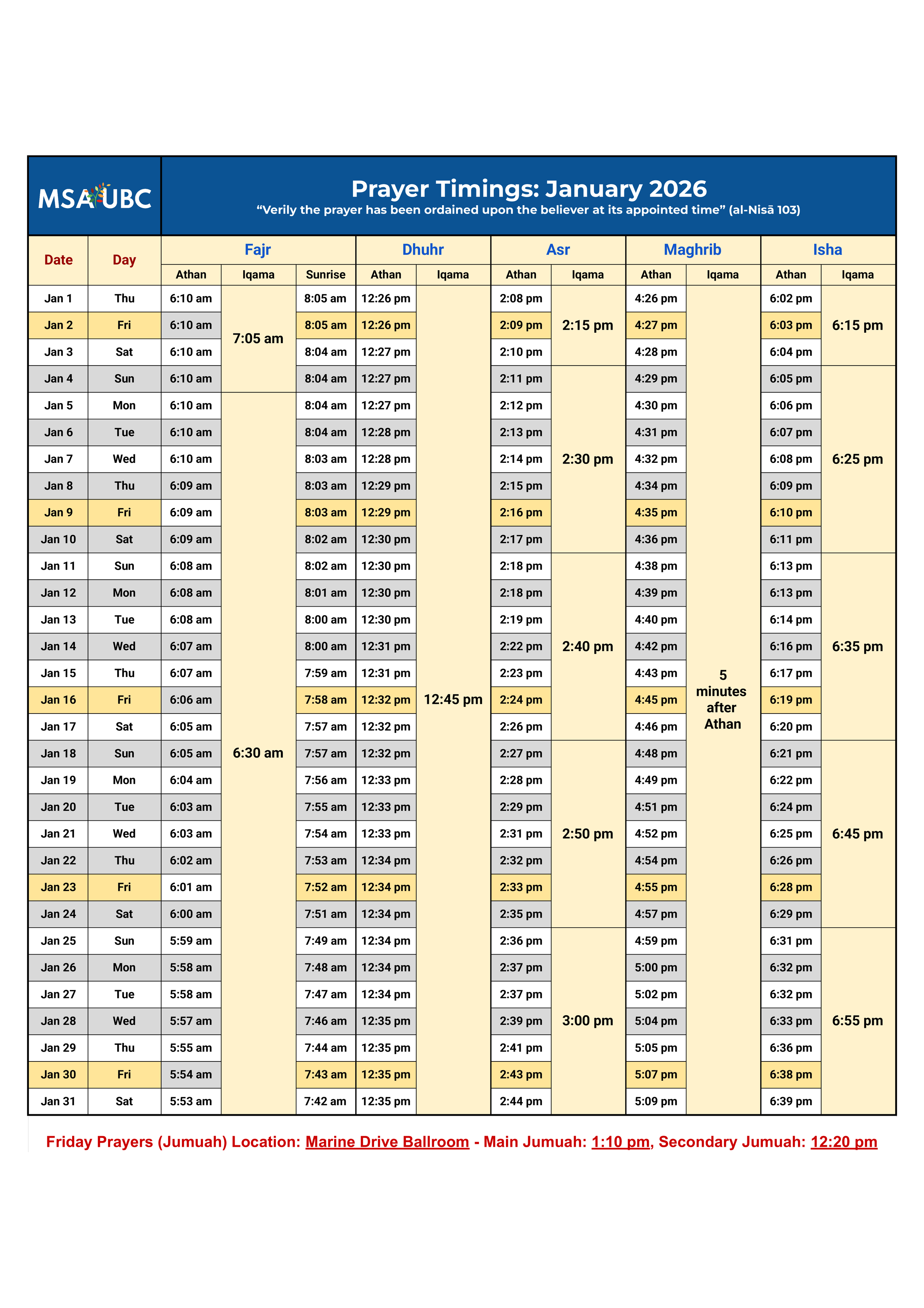 MSAUBC Prayer Times for January 2026