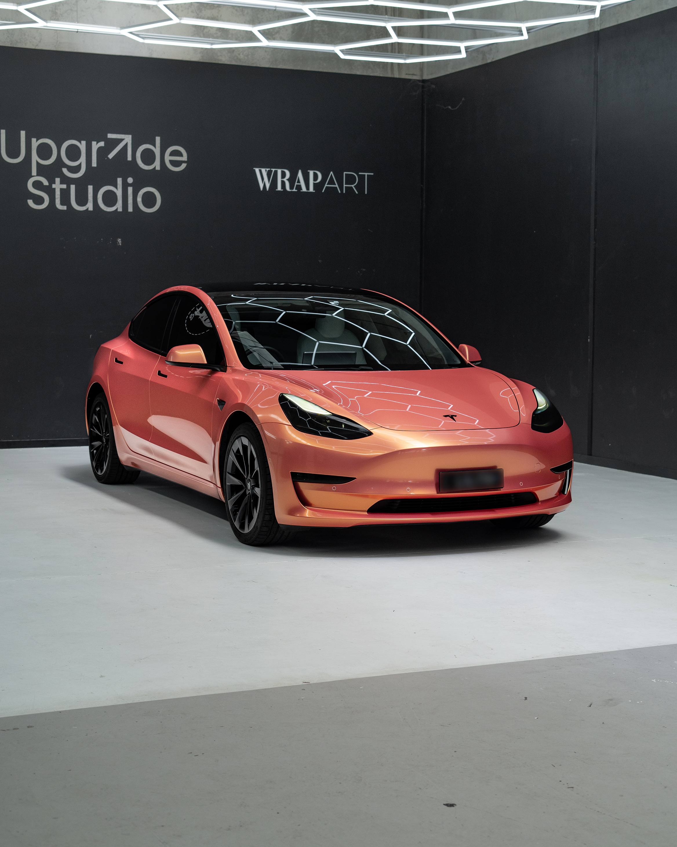 Customised Tesla Full Colour change vinyl wrap painted wheels modified black badges