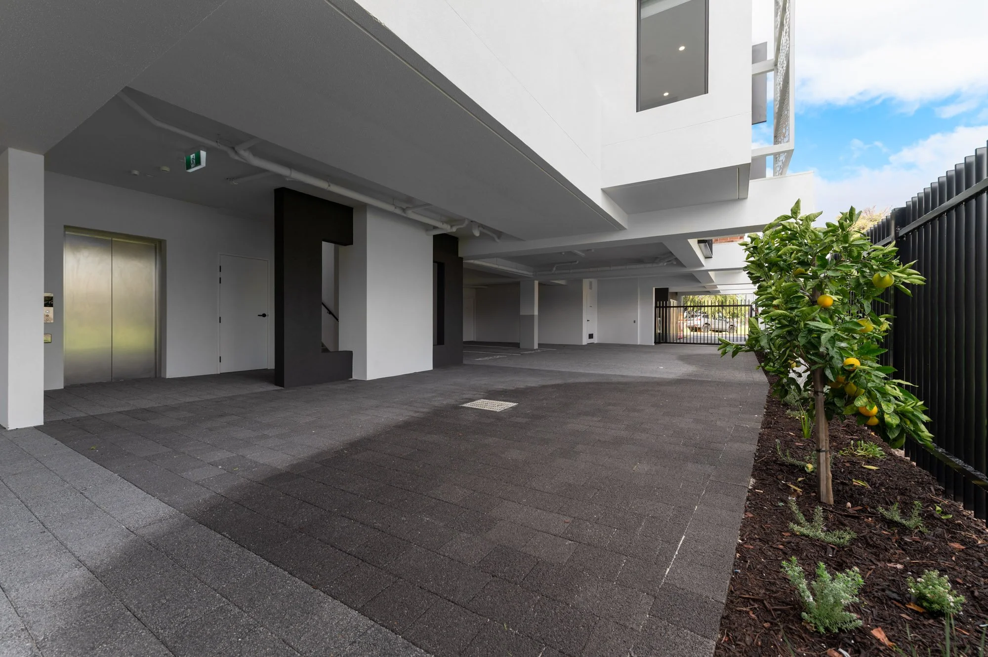 Underground parking garage entrance with concrete pillars, black fencing, and a small tree with yellow-green fruit