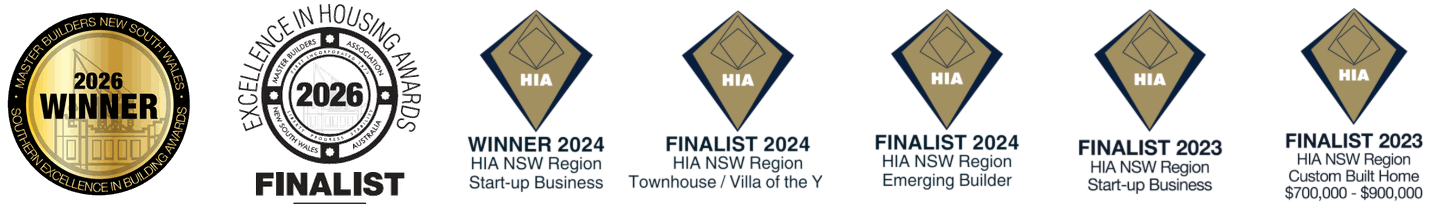 TAG Homes awards including 2026 Master Builders NSW Southern Regions winner, 2026 Excellence in Housing finalist and HIA NSW awards