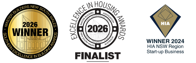 2026 Master Builders NSW Southern Regions winner and Excellence in Housing finalist badges with the 2024 HIA NSW Region Start-up Business award