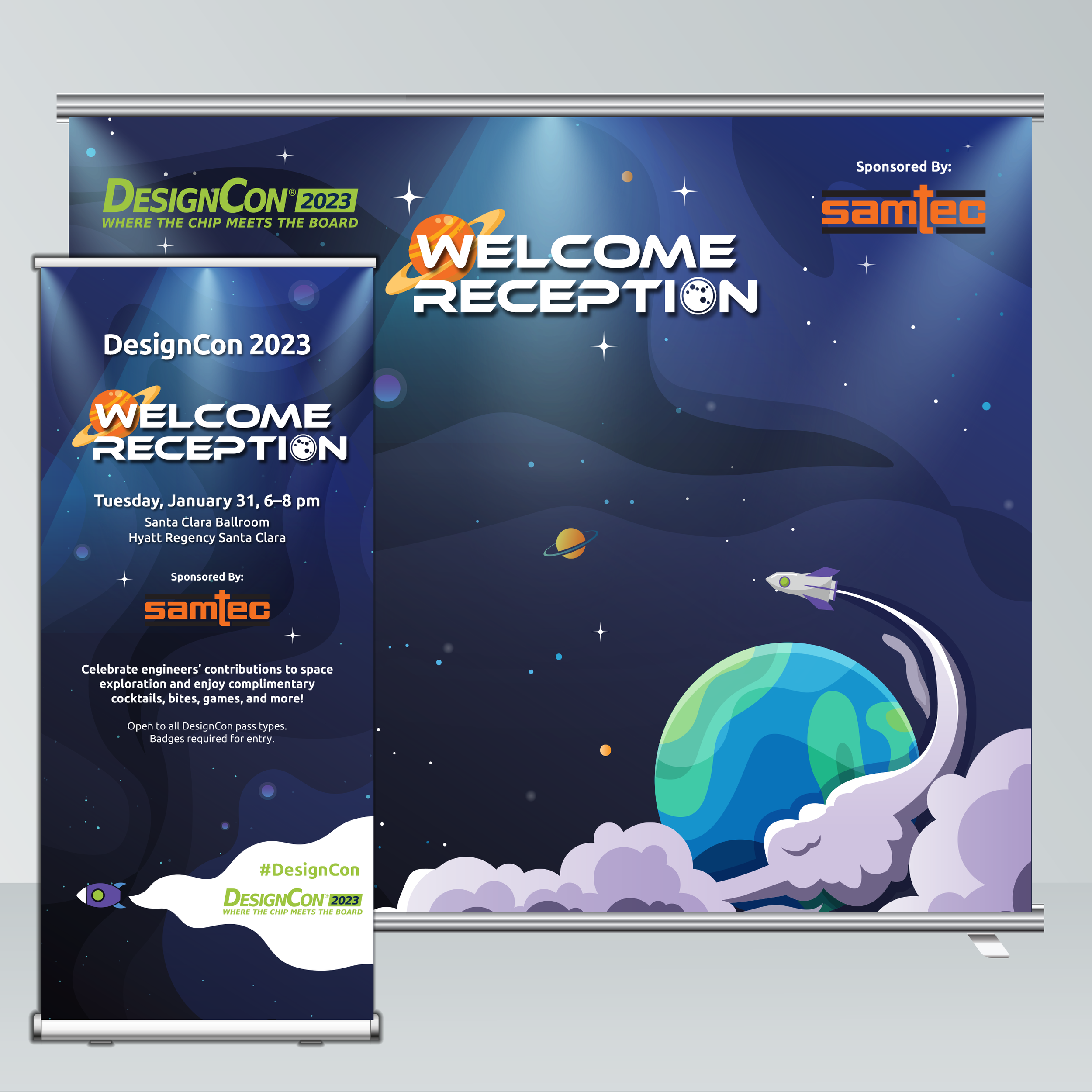 The DesignCon marketer and sponsor collaborated to create a unique theme for the welcome reception, featuring an eye-catching backdrop where attendees could take photos as keepsakes. The backdrop, meterboard, and conference program ad were strategica