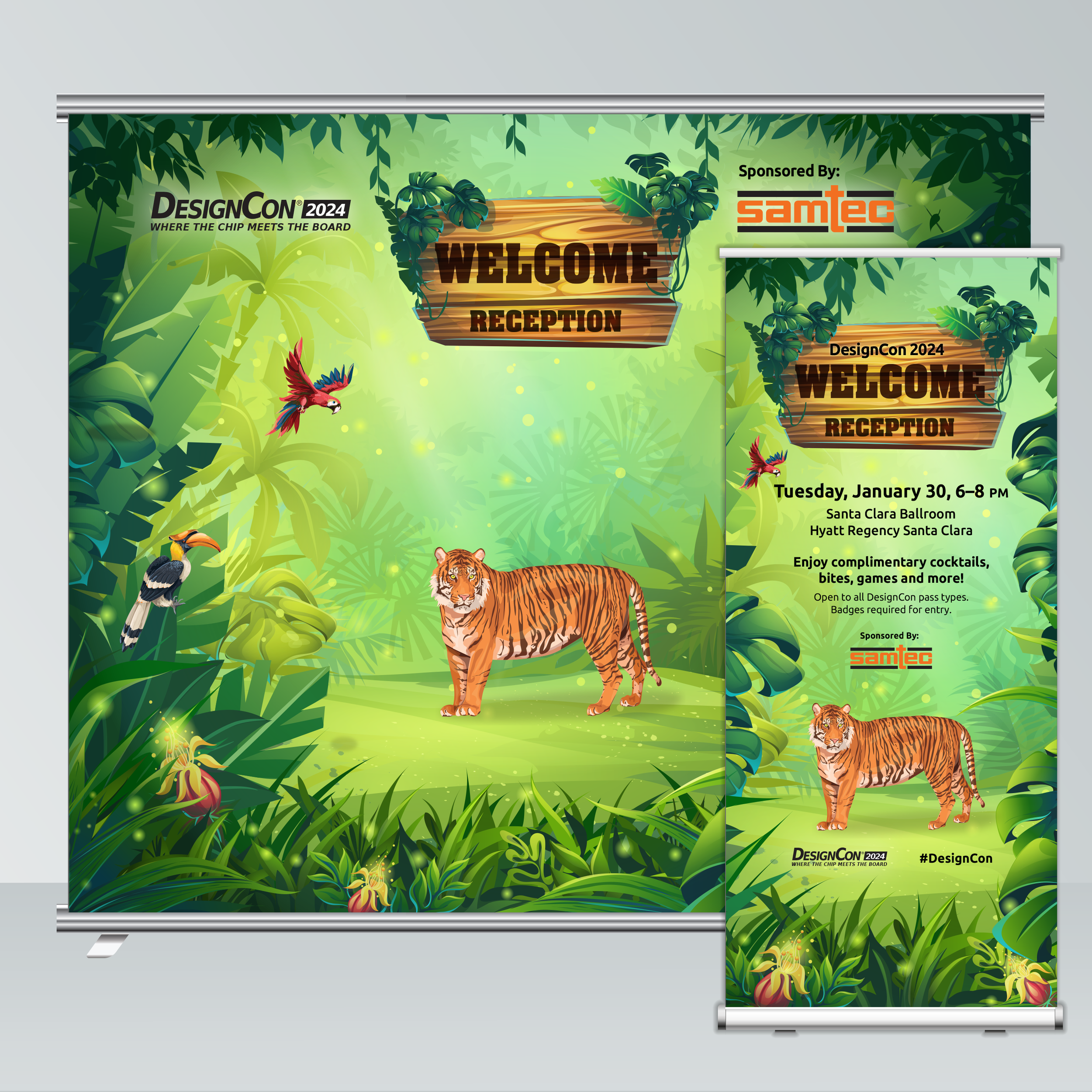 The DesignCon marketer and sponsor collaborated to create a unique theme for the welcome reception, featuring an eye-catching backdrop where attendees could take photos as keepsakes. The backdrop, meterboard, and conference program ad were thoughtful
