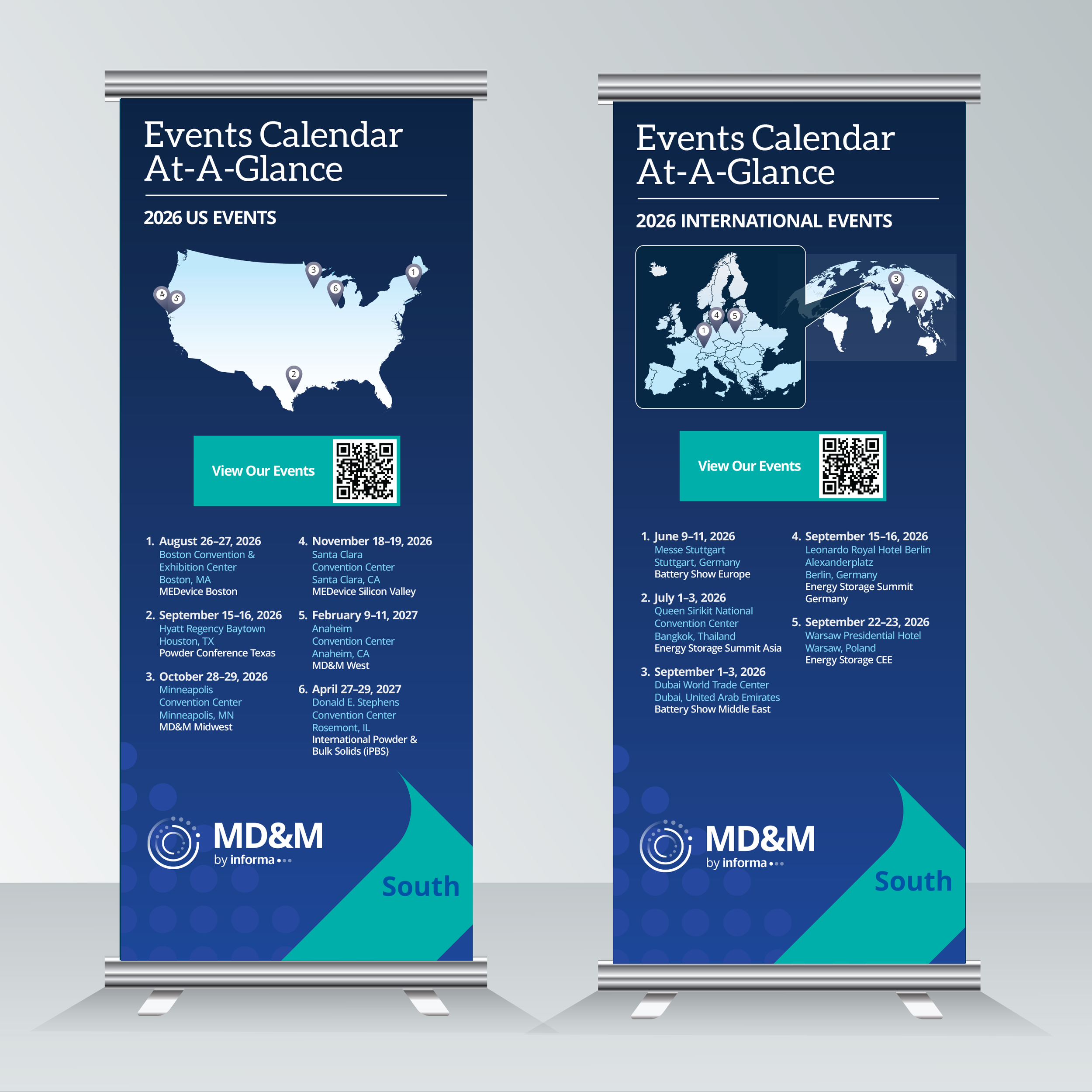 MD&M South Event Calendar for the 2026 US and International Events, featuring a map to help the audience plan ahead for upcoming events.