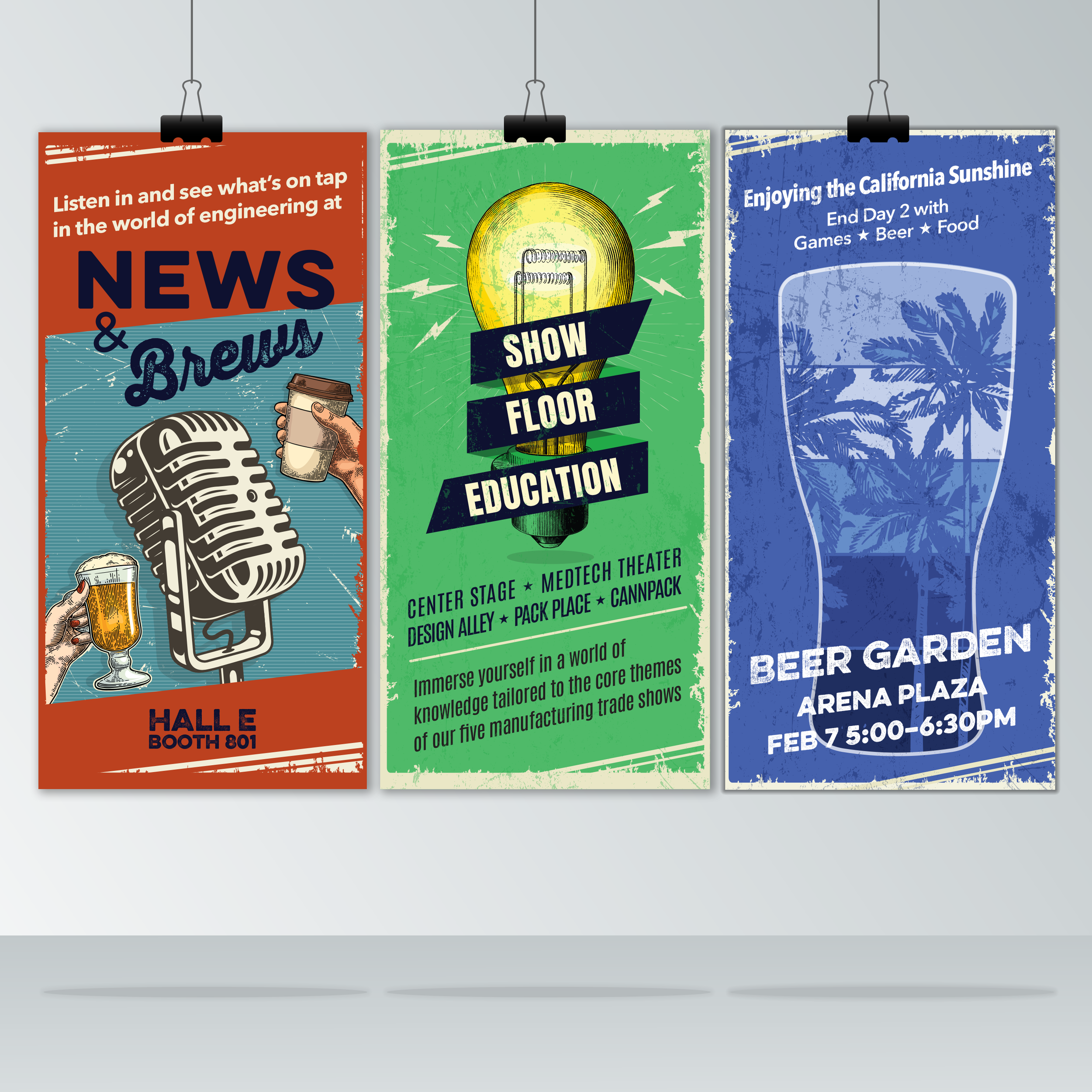 The MD&M West marketer aimed to highlight the special events by showcasing them as retro-style posters near the entrance to attract foot traffic. These posters were displayed together on a large wall, with each one uniquely designed to feature the ev