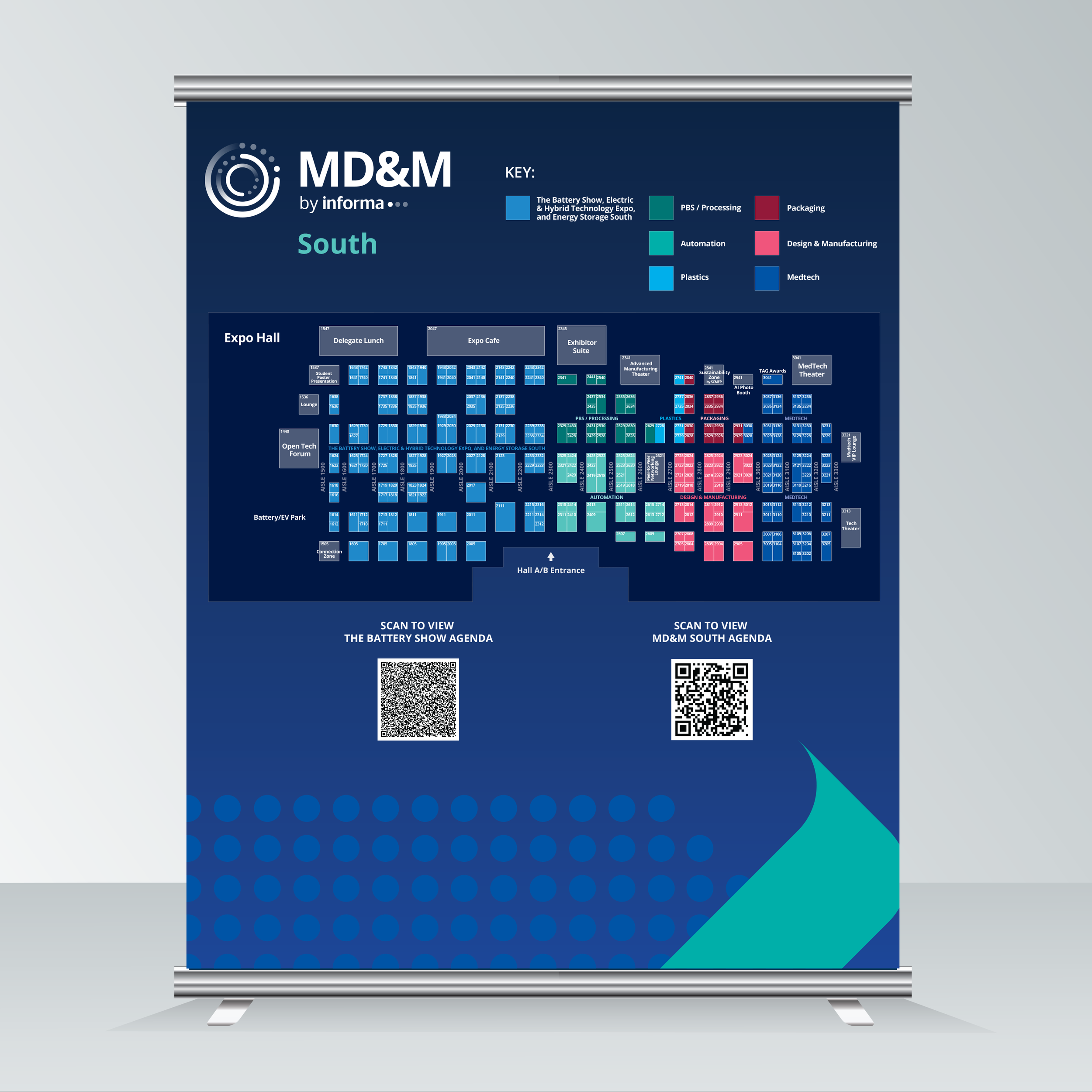 MD&M South and Battery South event show floor map with booth numbers to serve as a wayfinder for attendees.