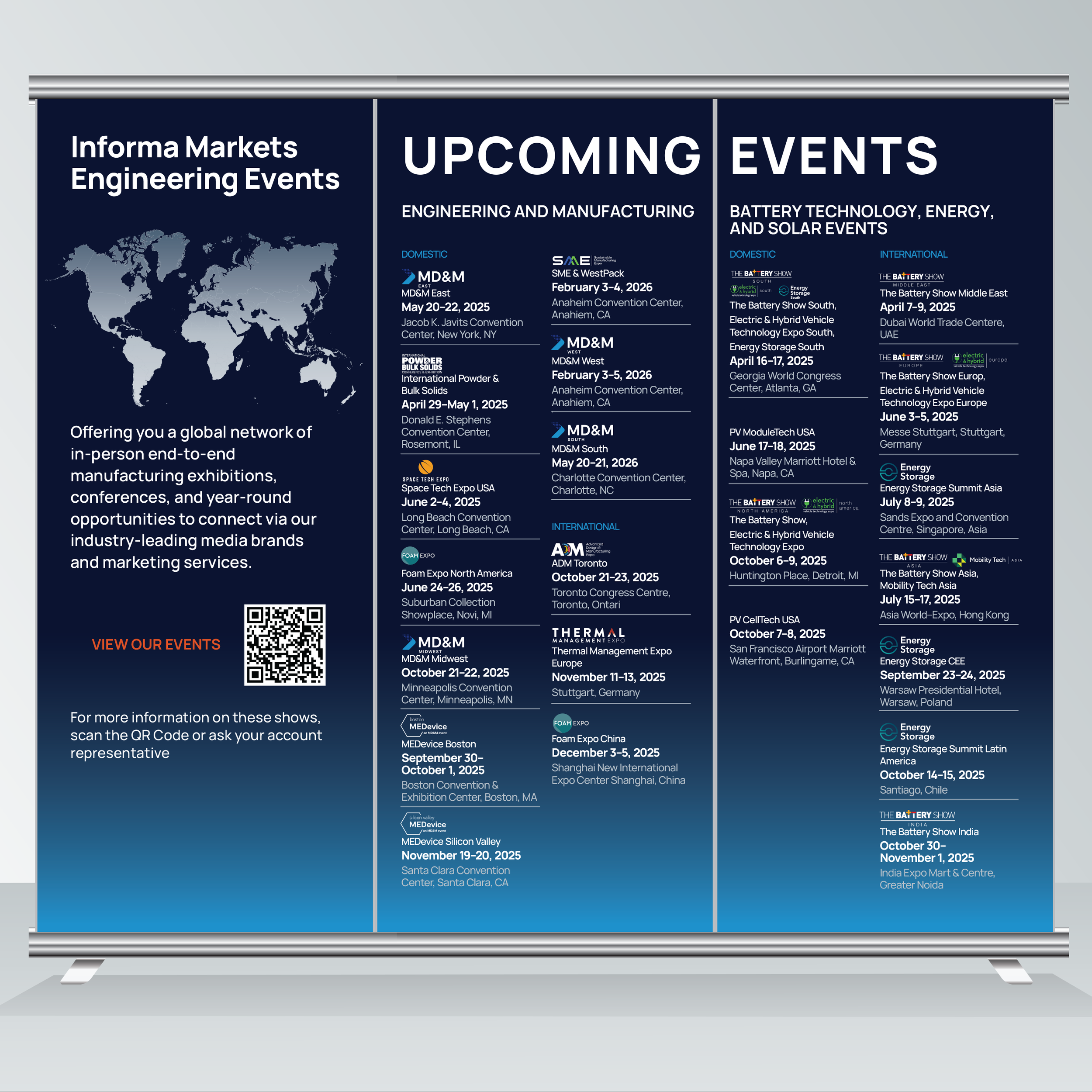 MD&M West Upcoming Show Calendar: A global network of manufacturing exhibitions, conferences, and year-round connection opportunities. 
The signs will be printed on three panels, each supported by a thin metal frame. Designing anything that spans acr