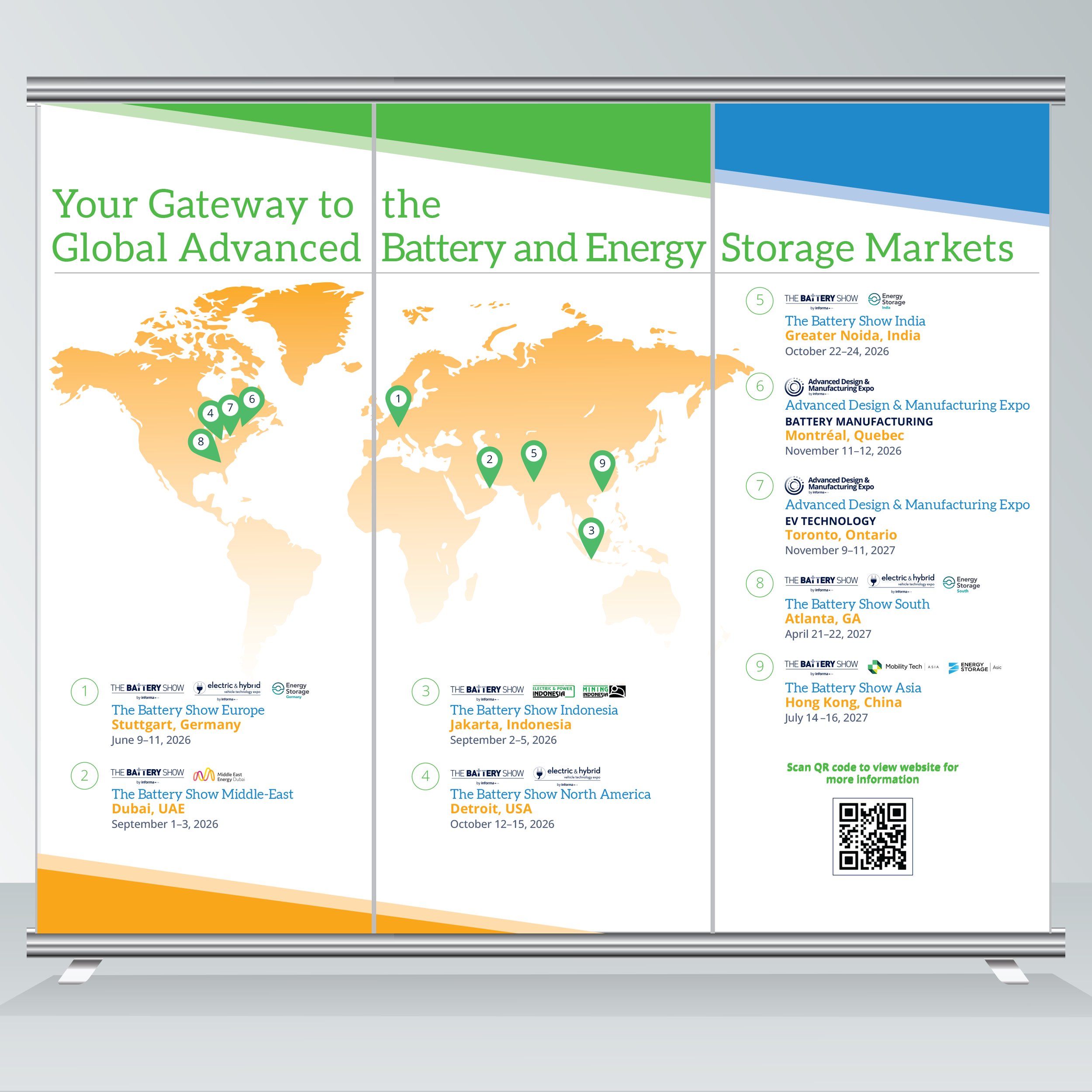 The Battery Show Upcoming Calendar: Gateway to global advanced battery and energy storage markets.
The signs will be printed on three panels, each supported by a thin metal frame. Designing anything that spans across the panels can be challenging.