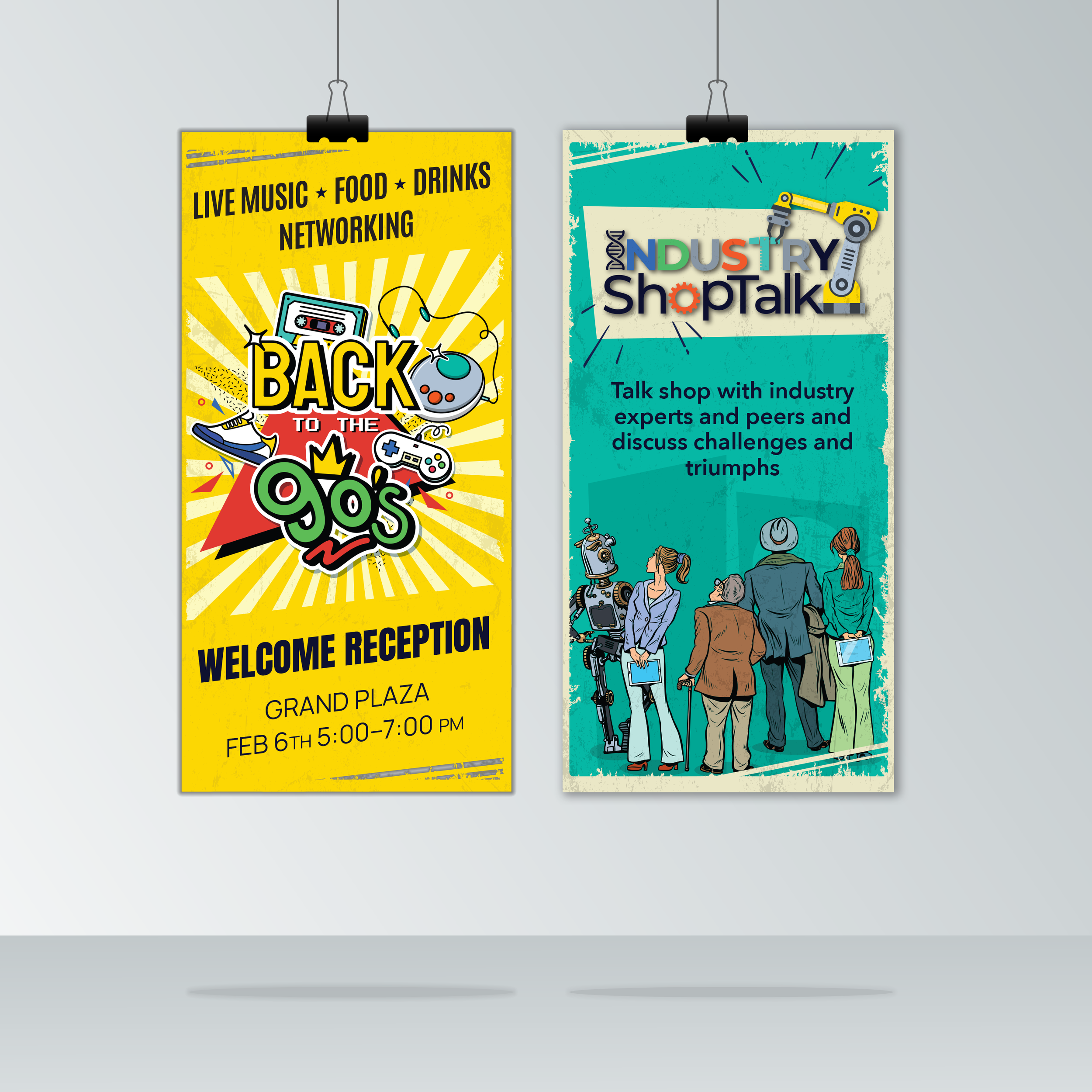 The MD&M West marketer aimed to highlight the special events by showcasing them as retro-style posters near the entrance to attract foot traffic. These posters were displayed together on a large wall, with each one uniquely designed to feature the ev