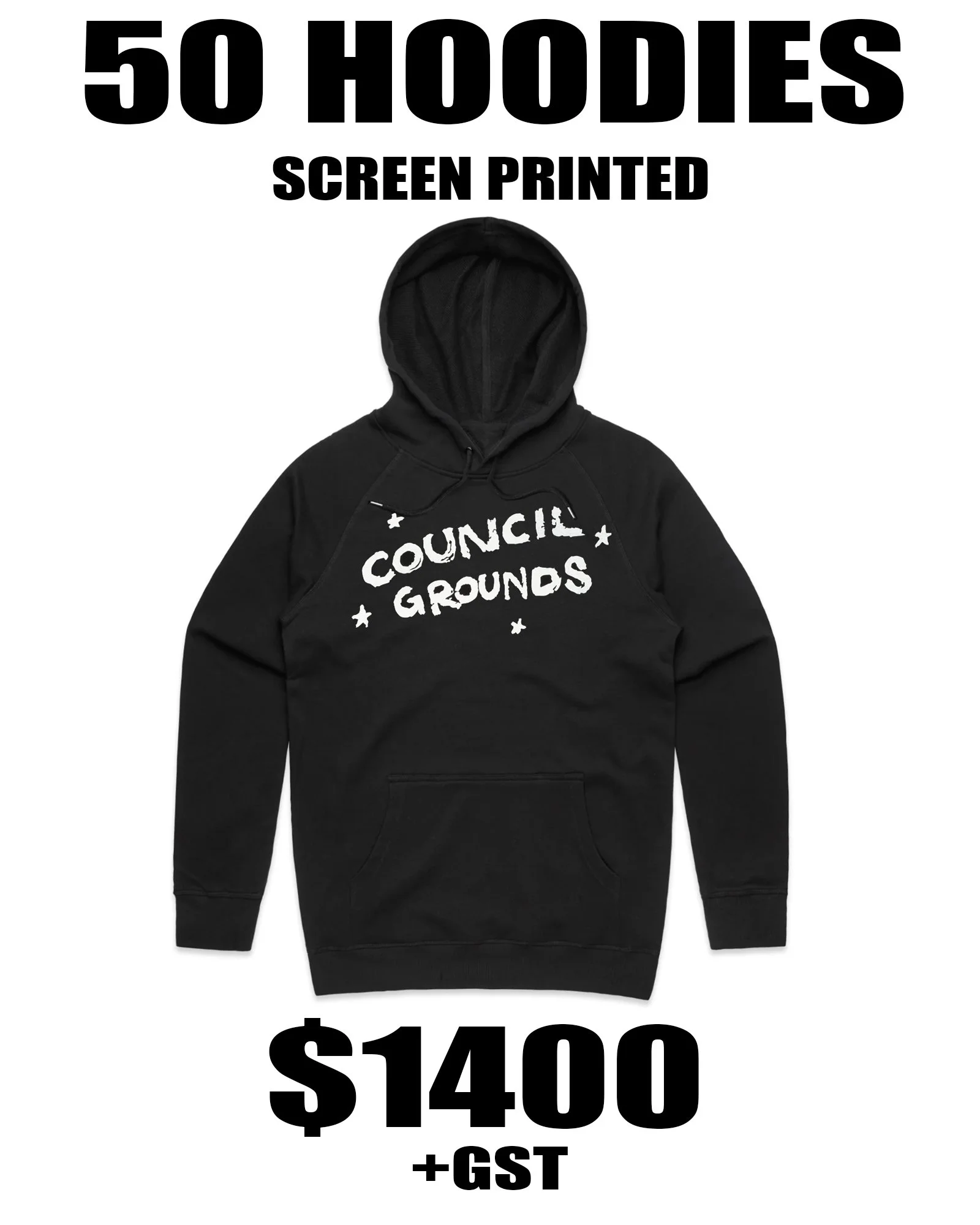 A  black hoodie with custom band merchandise logo printed on from saying council grounds
