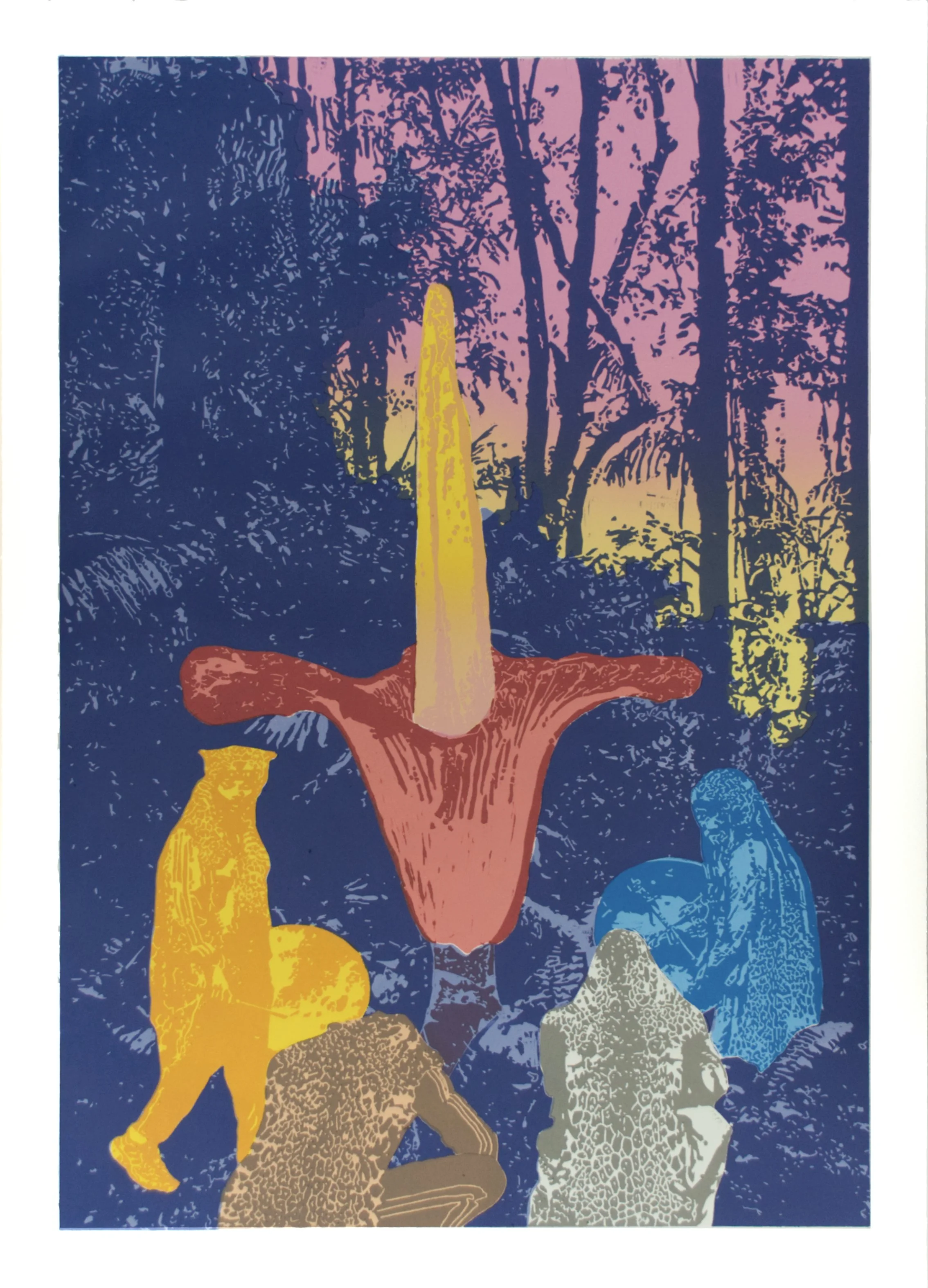 The ritual. Træsnit på 300g papir, 110 cm x 80 cm. Oplag af 14 tryk. 2025. Pris  6000kr. 