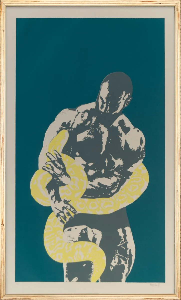 No muscle is strong enough to hold back transformation.
Træsnit på 300g papir, 76 cm x 46 cm. Oplag af 14 tryk. 2025. 

Pris uden ramme 2500kr. Med remme af krydsfiner og refleksfris glas 4000kr.