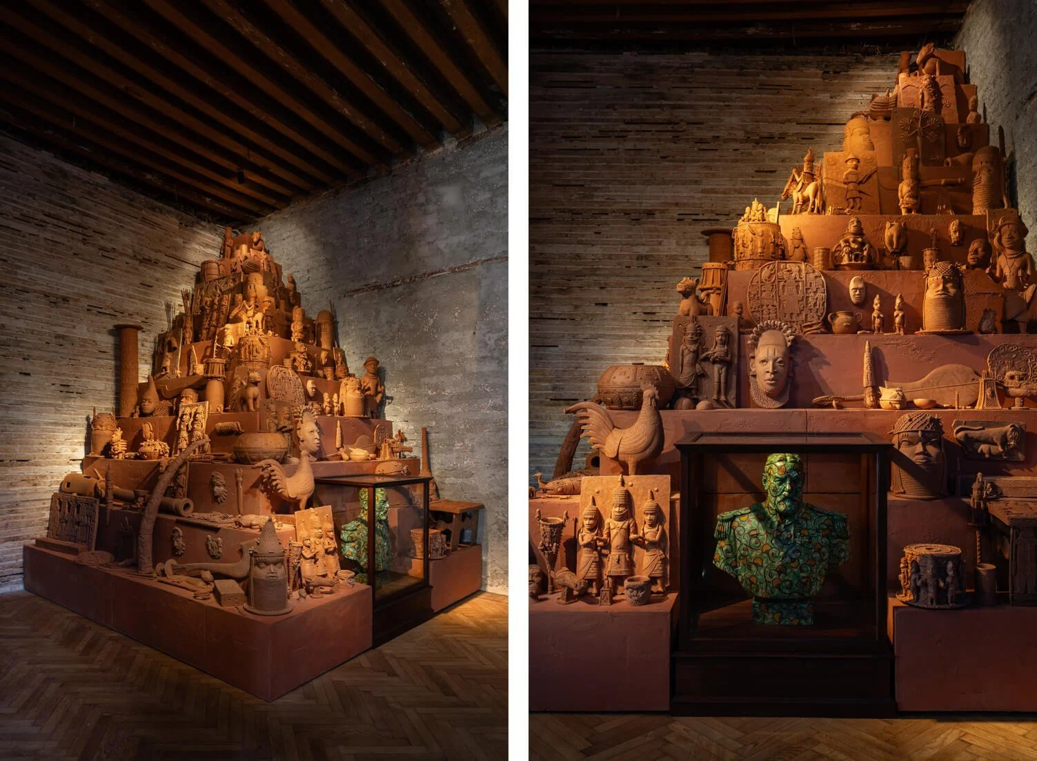 Large scale sculpture installation. fired terracotta clay and fabricated pyramid-  undertaken on behalf of Yinka Shonibare studio. Images courtesy of the artist and James Cohen gallery. 