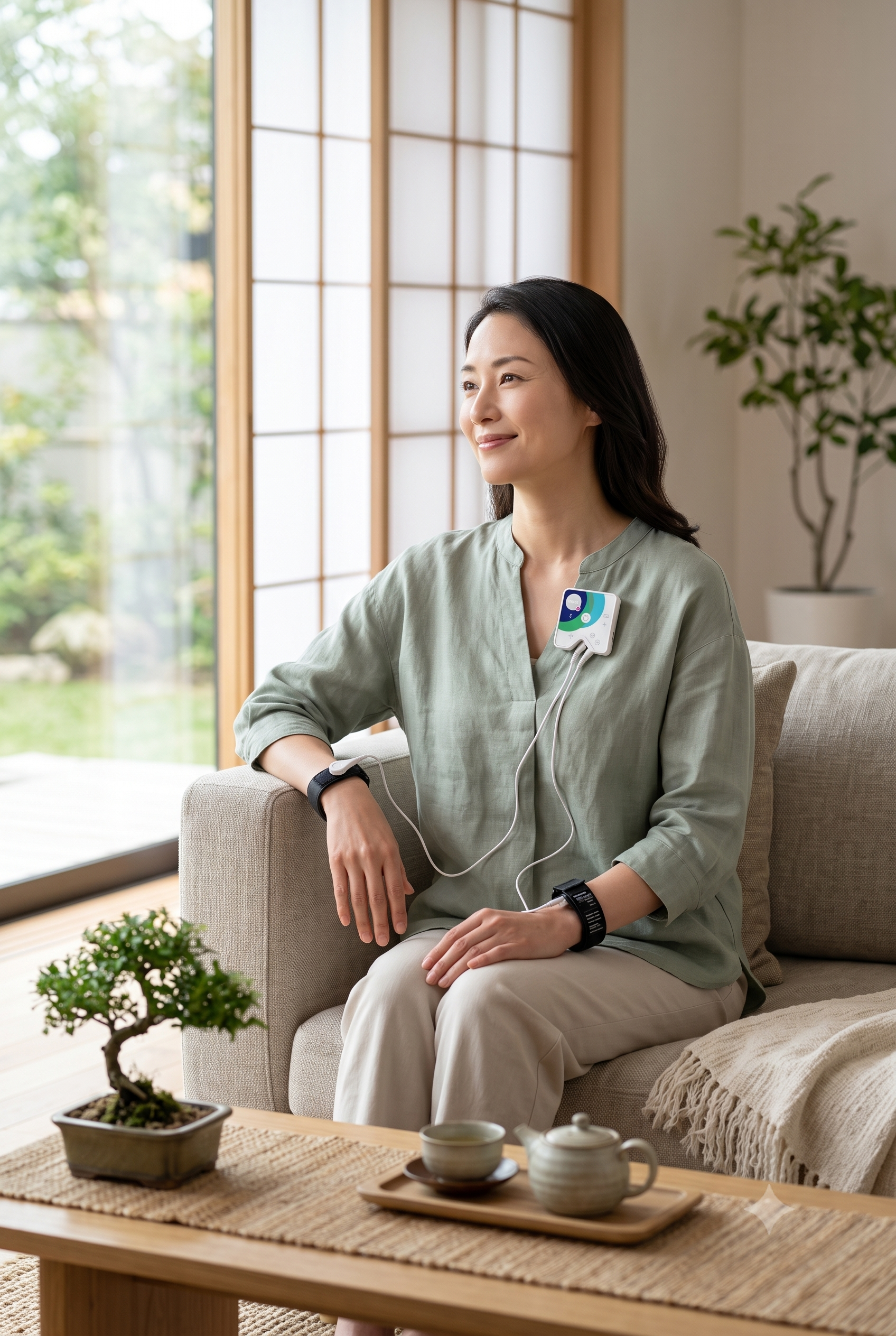 A serene woman relaxes in a modern Japandi-style living room, using the Healy Discover Edition wearable device for a holistic wellness and frequency therapy session
