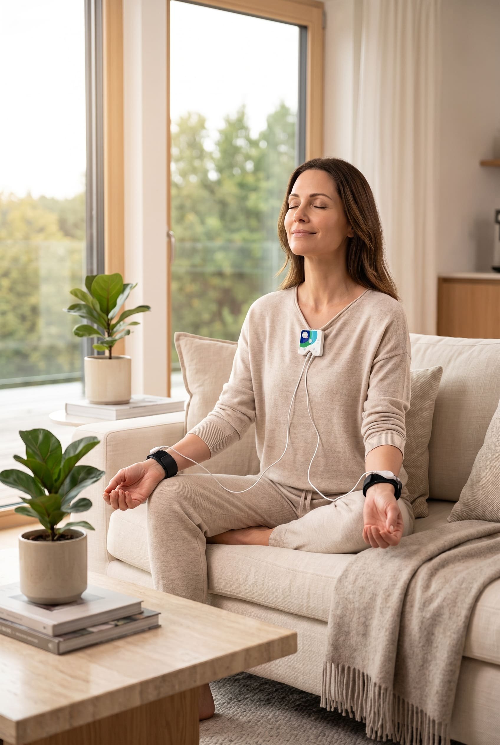 Attractive woman enjoing healy frequency therapy with her Healy Evolve Edition relaxing in her living room