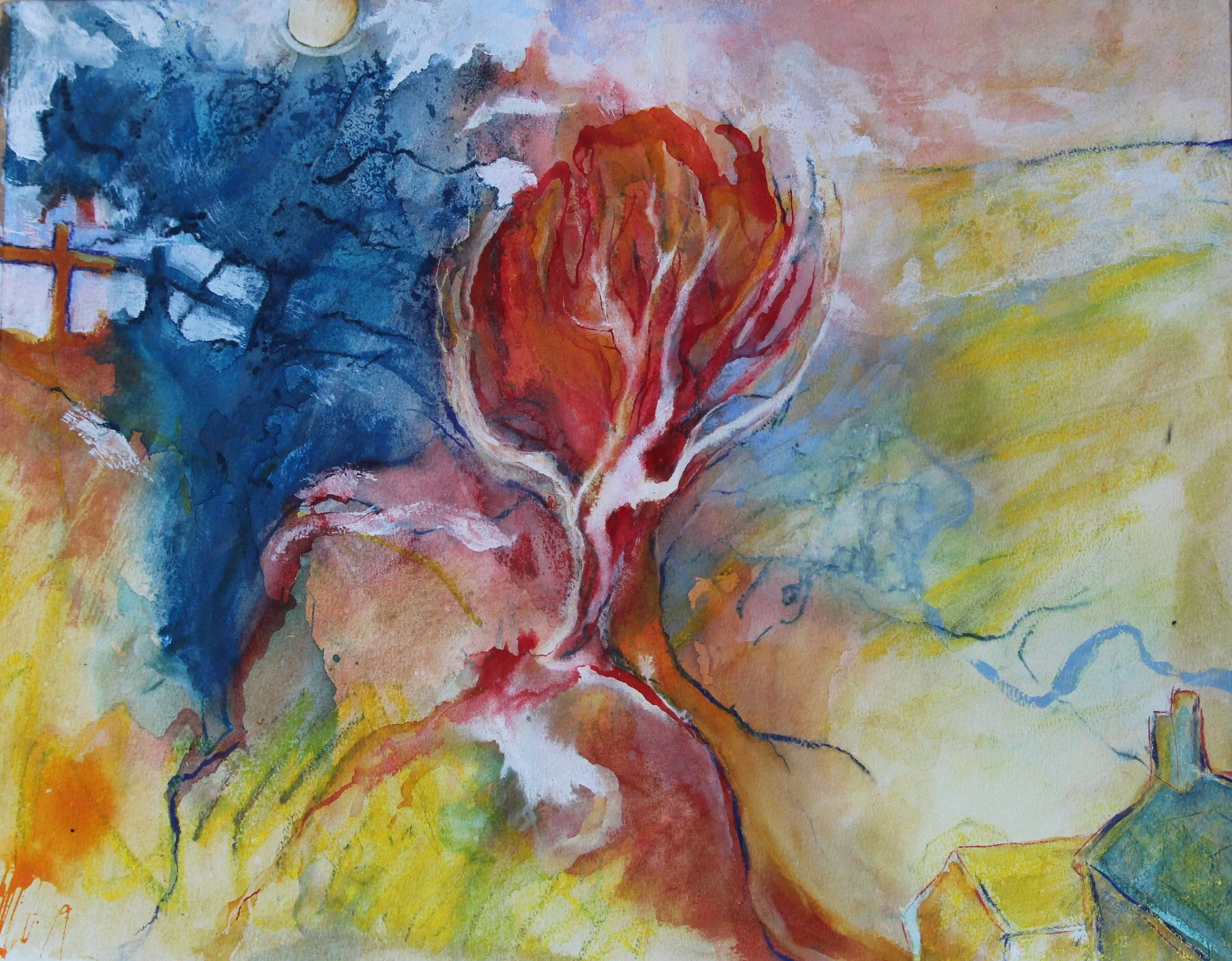 Red Tree with Farmhouse, Glaisdale, North Yorkshire, acrylic and pastel on paper £300