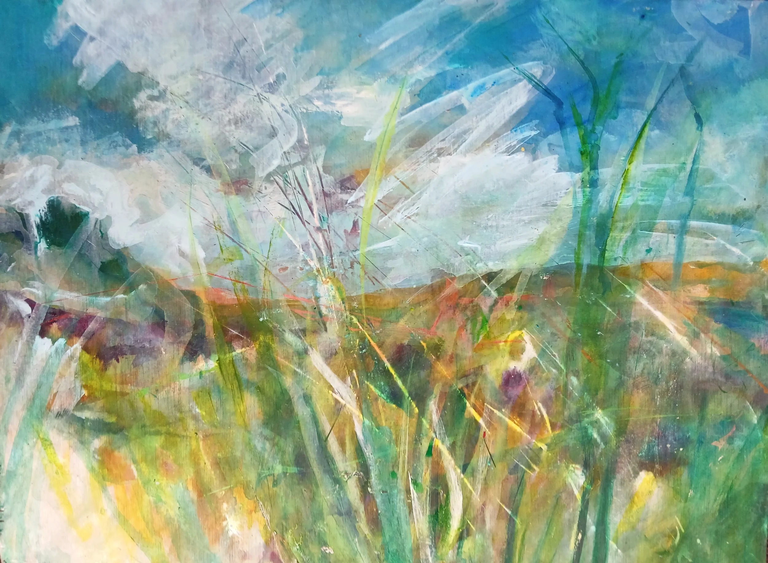 Summer Grasses, Mickleby, Yorks. Acrylic and pastel on board. Mounted on pale blue painted wood. 59 x 43 x 2cm. £325