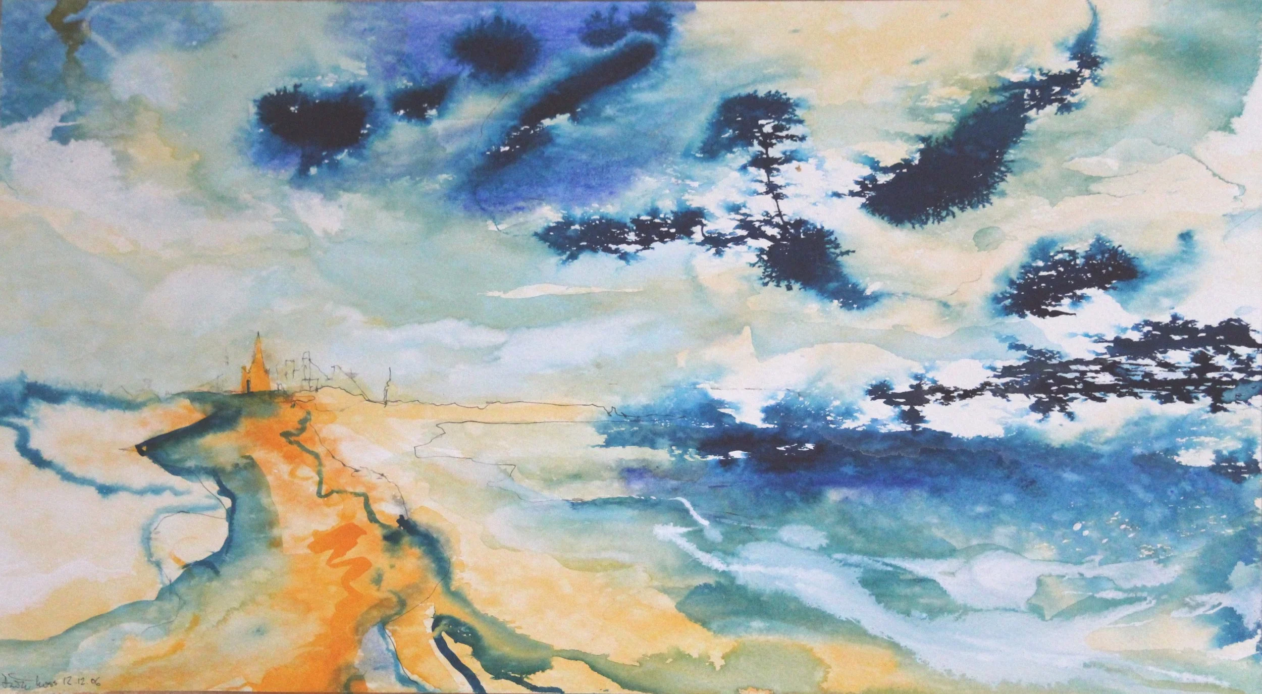 St Germain's tower Marske-by-Sea with steelworks, Teesside. Acrylic and inks on paper. Strong northerly wind blowing wet inks across the paper. Painted in December 2006 before demolition of the steelworks. 54 x 29cm. £300 