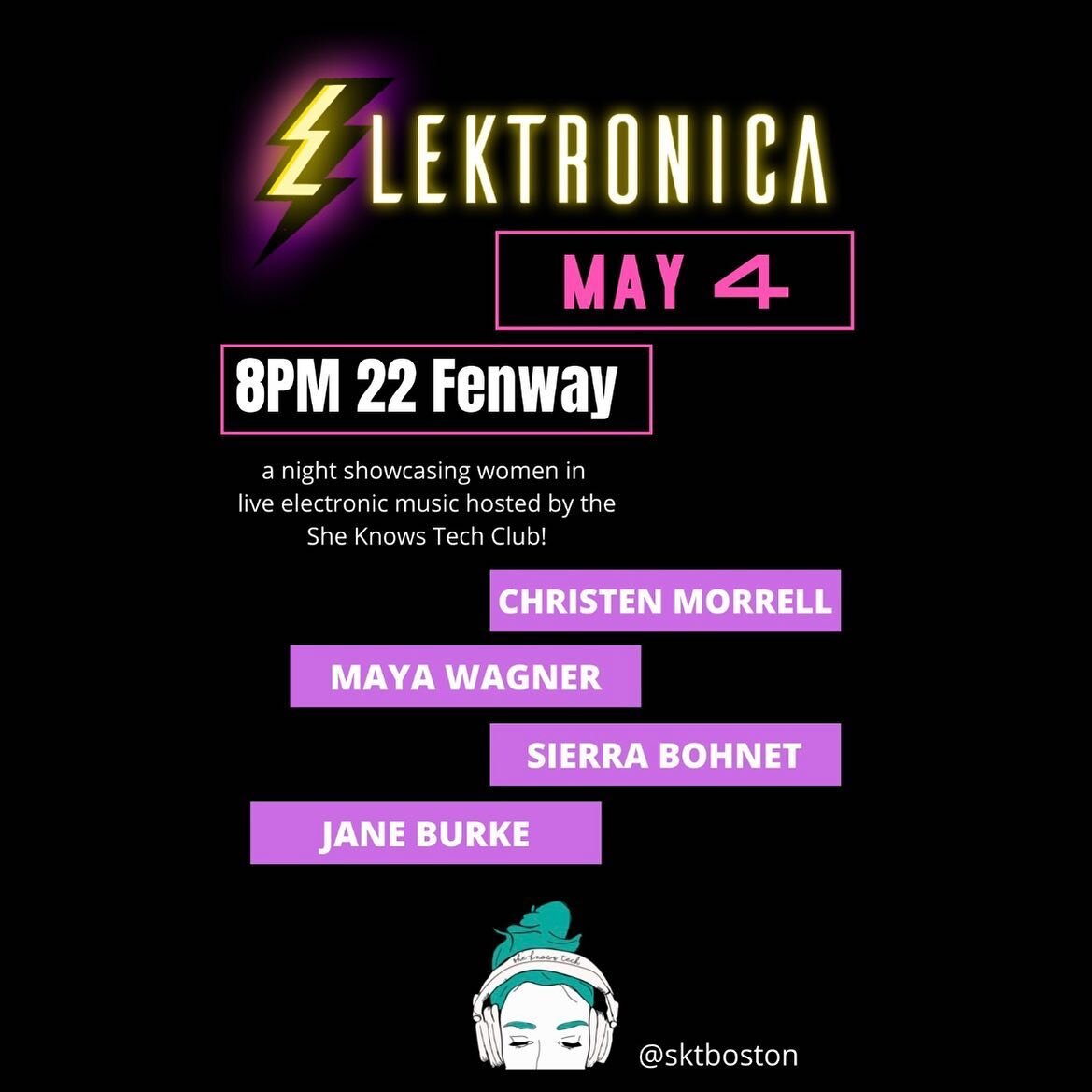 💜Helloo!!! Exciting news!💜
May 4th we&rsquo;re having our SKT Elektronica concert featuring 4 amazing female artists!
Come through to 22 Fenway at 8pm for some awesome live electronic music!!!
&bull;
#sheknowstech #livemusic #electronicmusic #femal