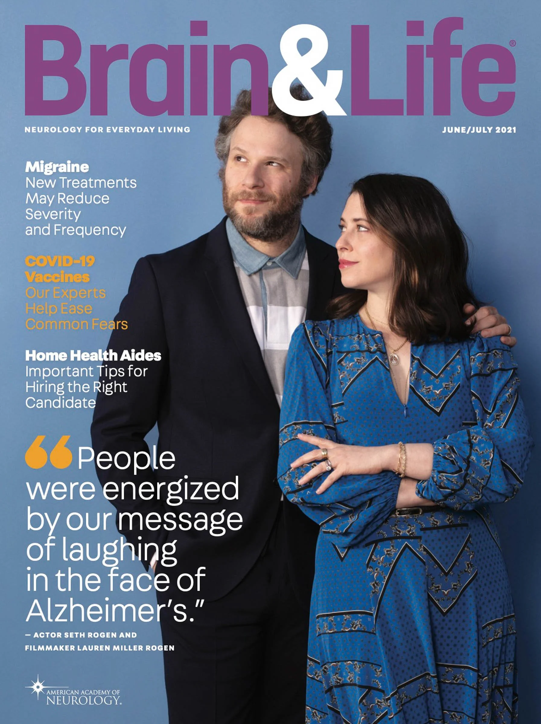 Cover of Brain & Life magazine June/July 2021 issue, featuring a man and woman standing together. The man is wearing a suit, and the woman is wearing a blue patterned dress. Headline topics include migraines, COVID-19 vaccines, home health aides, and