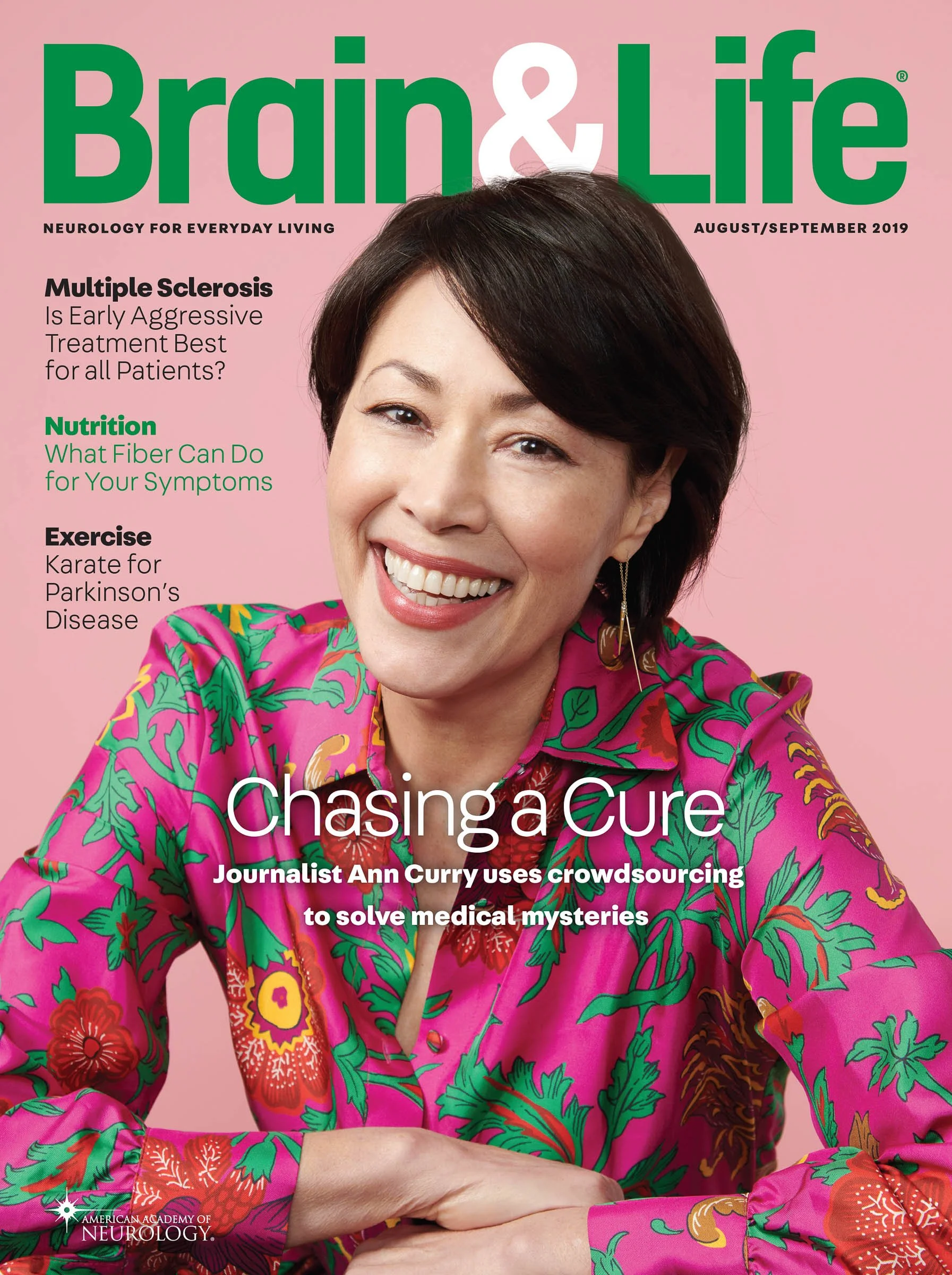 Magazine cover featuring a smiling person in a colorful floral blouse against a pink background. Text includes "Brain & Life," "Chasing a Cure," and health-related topics like Multiple Sclerosis, Nutrition, and Exercise. Date is August/September 2019