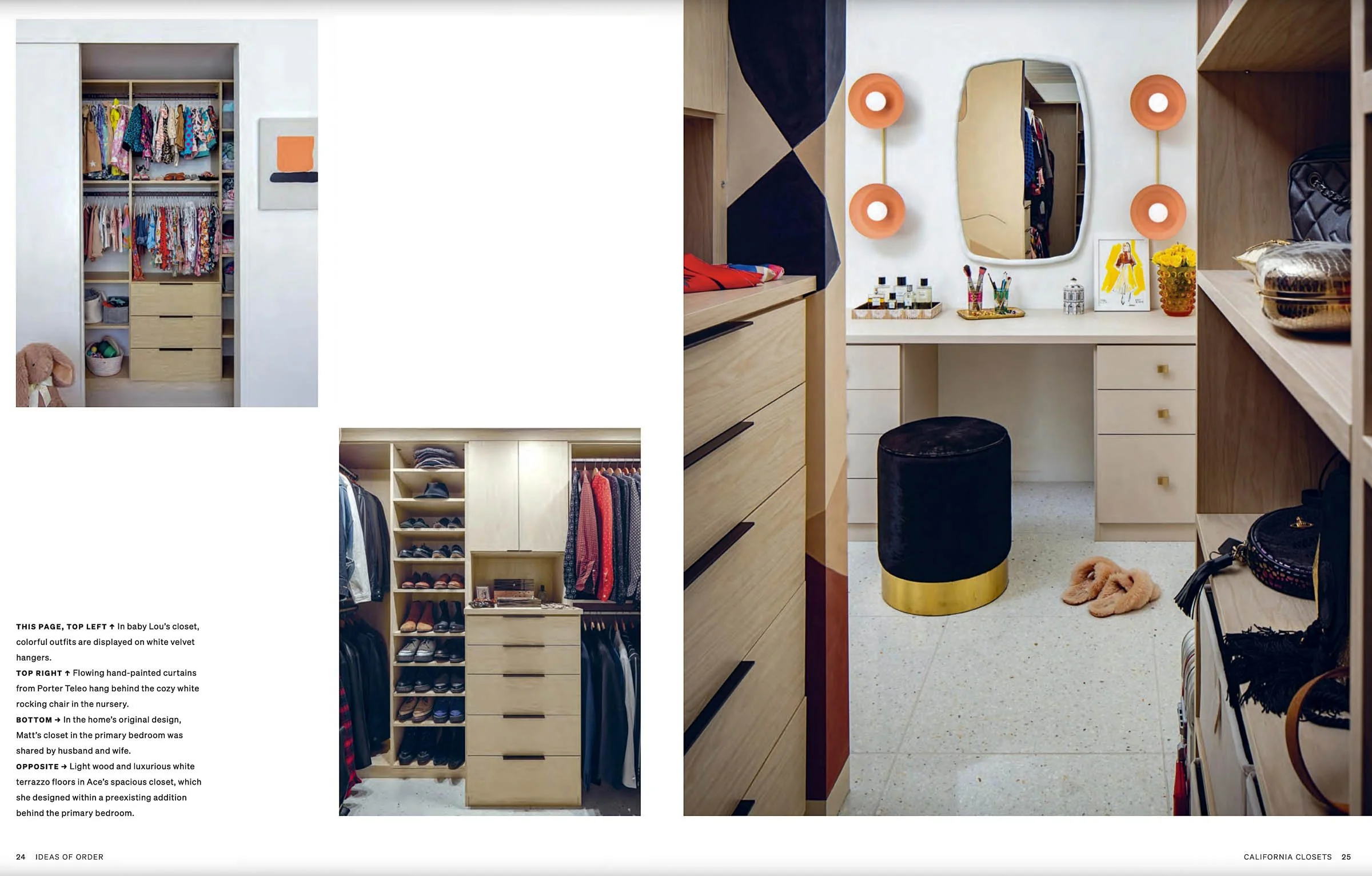 Two-page magazine spread featuring organized closet designs. On the left, there are two closet images: one with children's clothing and another with folded clothes, shoes, and hanging garments. On the right, there's a vanity area with a mirror, drawe