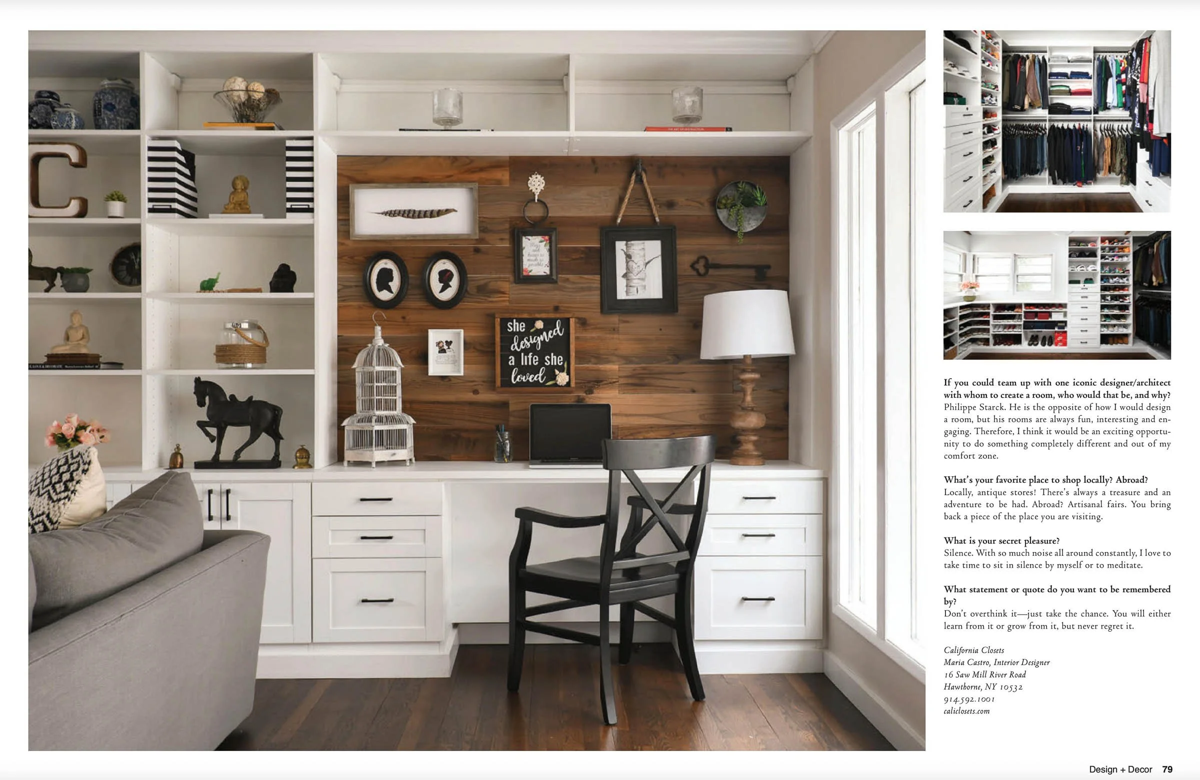 Home office with white built-in shelves and cabinets, decorated with various knick-knacks and art pieces. A desk area features a black chair, white lamp, laptop, and a decorative birdcage. Walls are adorned with framed art and motivational quotes. Th