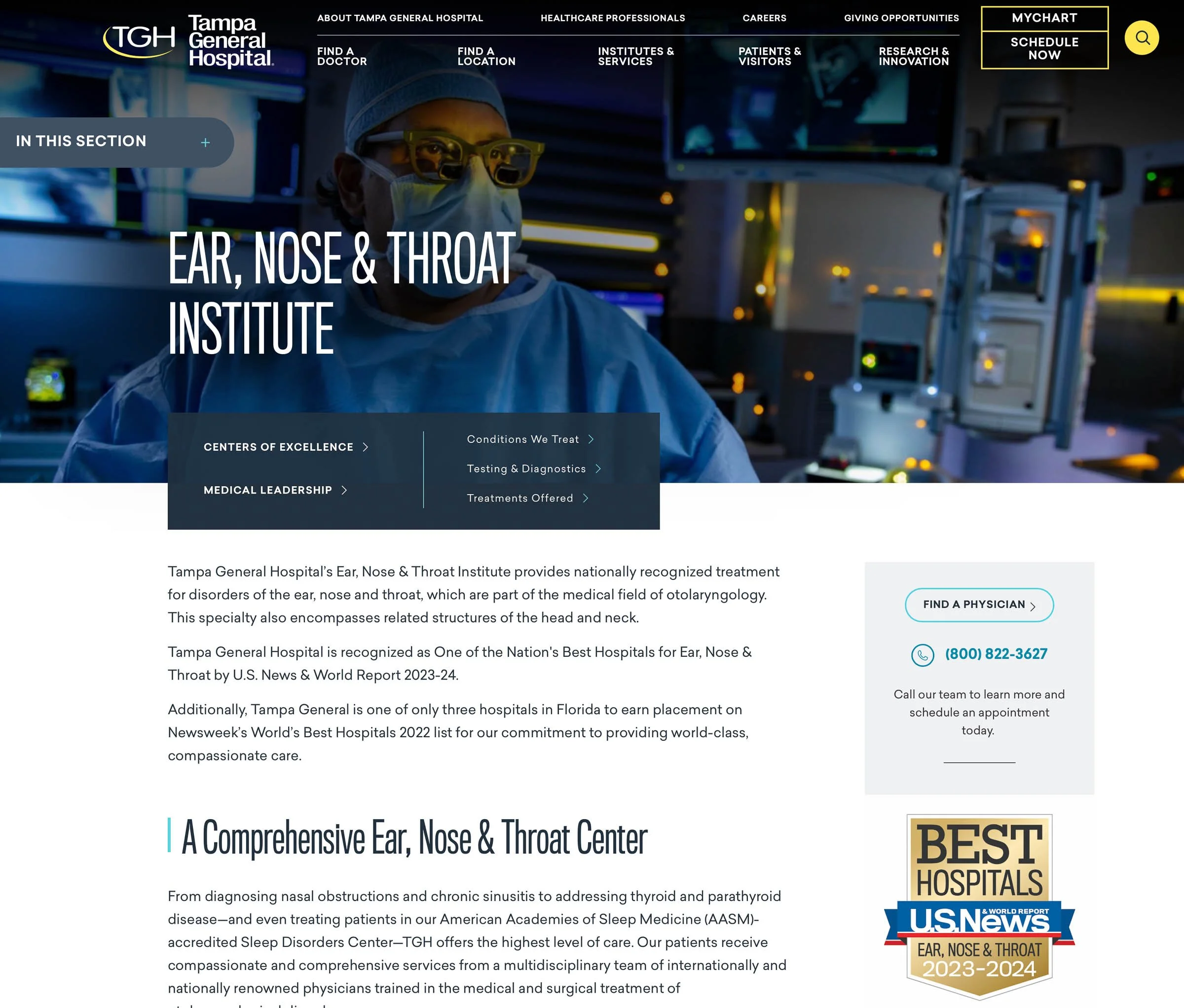 Tampa General Hospital ENT Institute webpage with surgeon in scrubs, highlighting centers of excellence and treatments offered.
