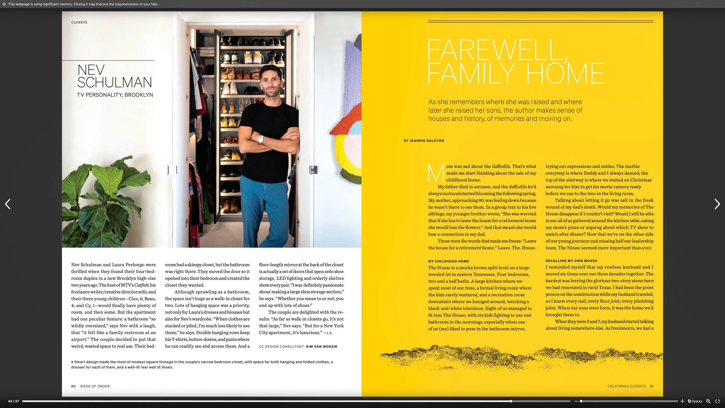 Magazine spread featuring a man standing in front of a shoe closet, with text about Nev Schulman and an article titled 'Farewell, Family Home' by Jeannie Ralston.