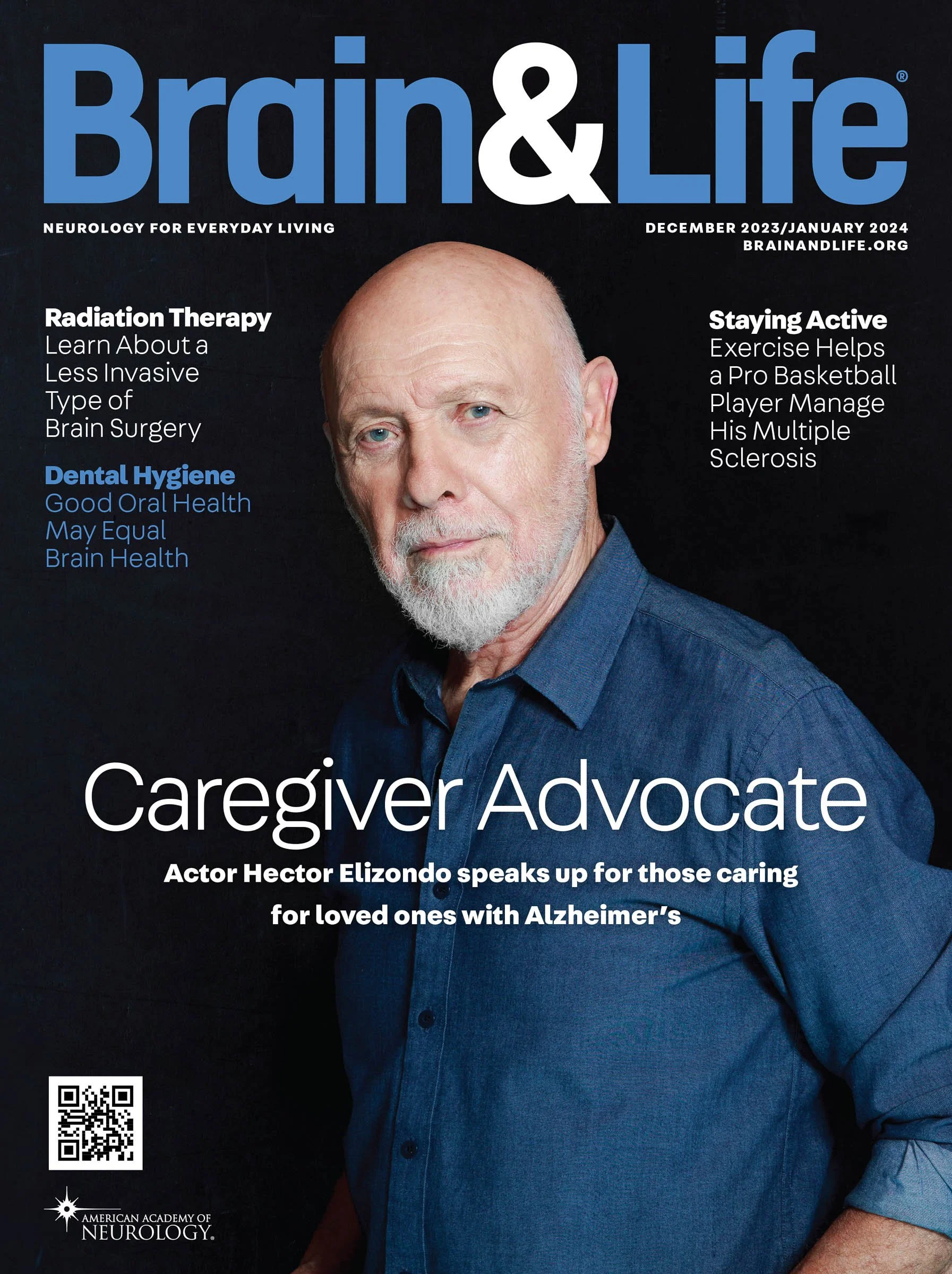 Cover of Brain & Life magazine December 2023/January 2024 issue featuring "Caregiver Advocate" headline, blue shirt gentleman, and topics like radiation therapy, dental hygiene, and staying active.