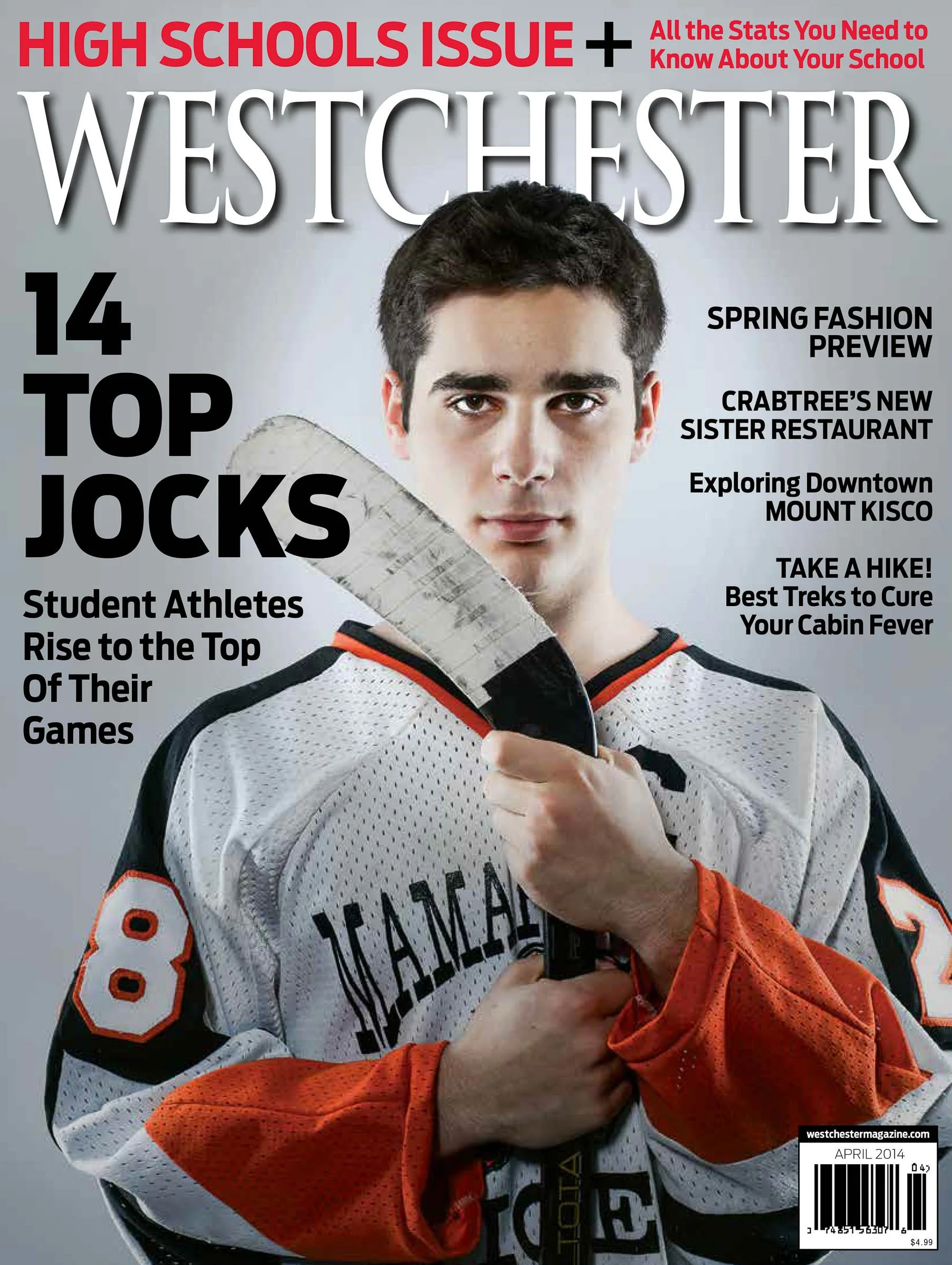 Westchester magazine April 2014 cover featuring a student athlete in a hockey jersey holding a hockey stick. Headlines include "14 Top Jocks," "Spring Fashion Preview," and "Exploring Downtown Mount Kisco."
